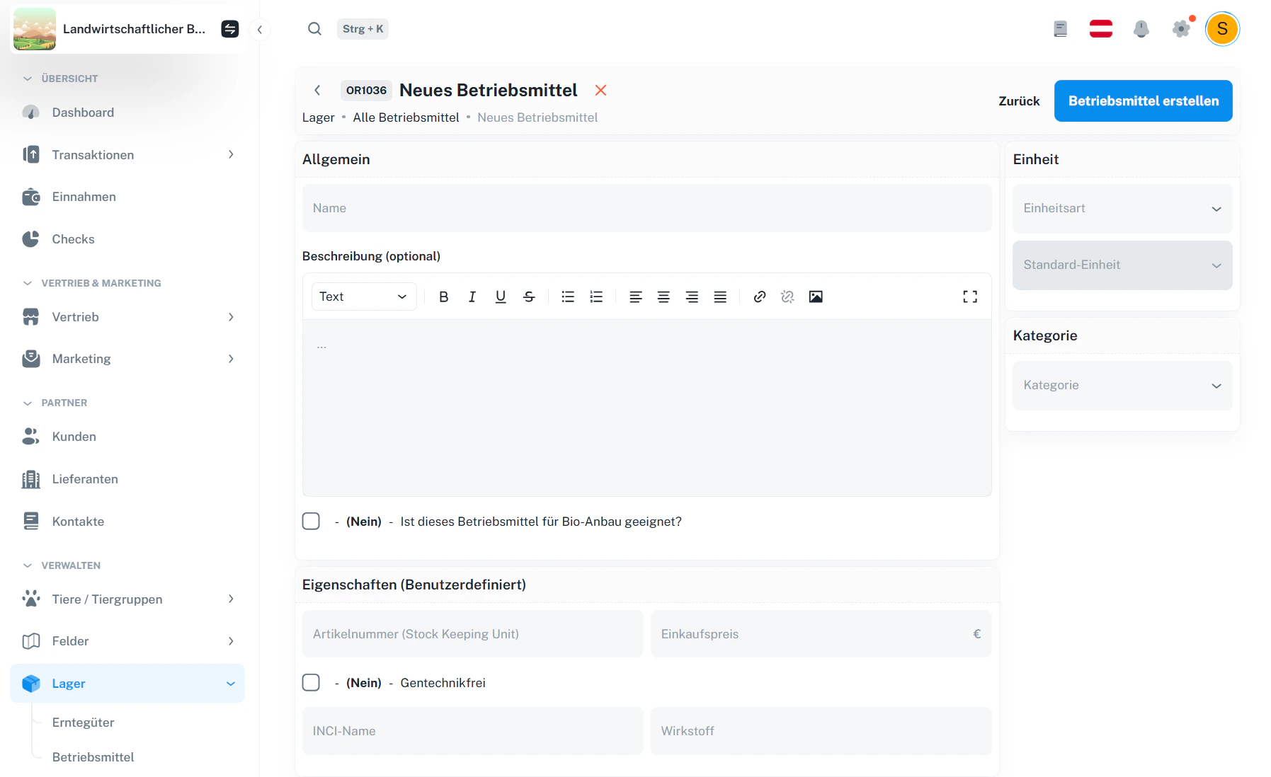 Benutzerdefiniert – manueller Eintrag (inkl. Kategorie)