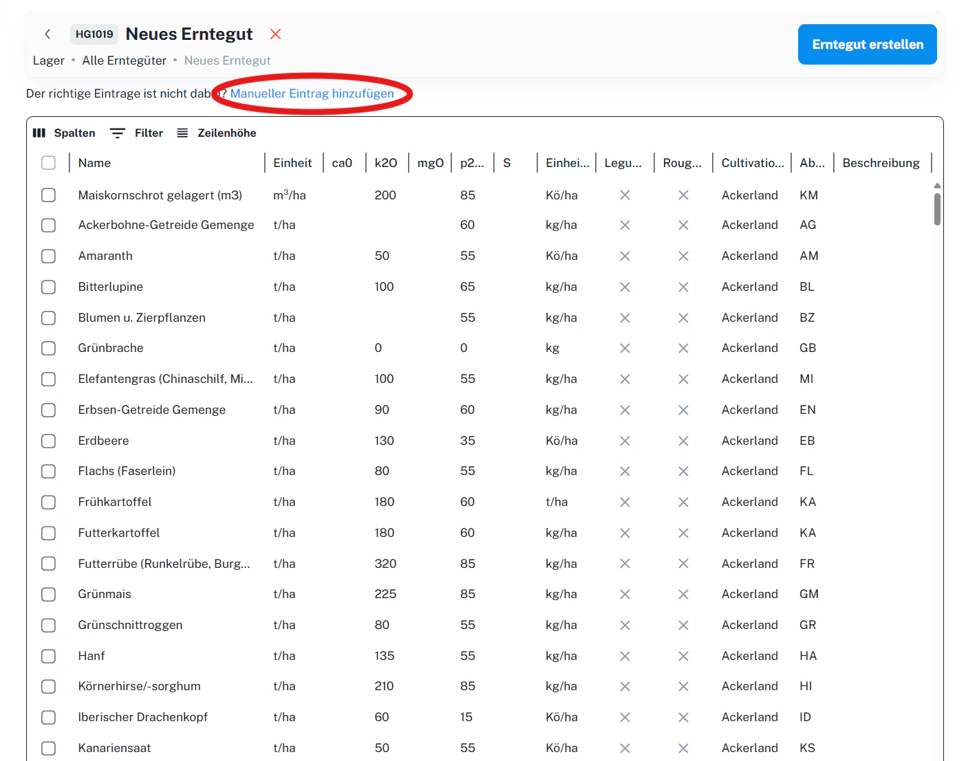 Erntegüter – Katalog auswählen