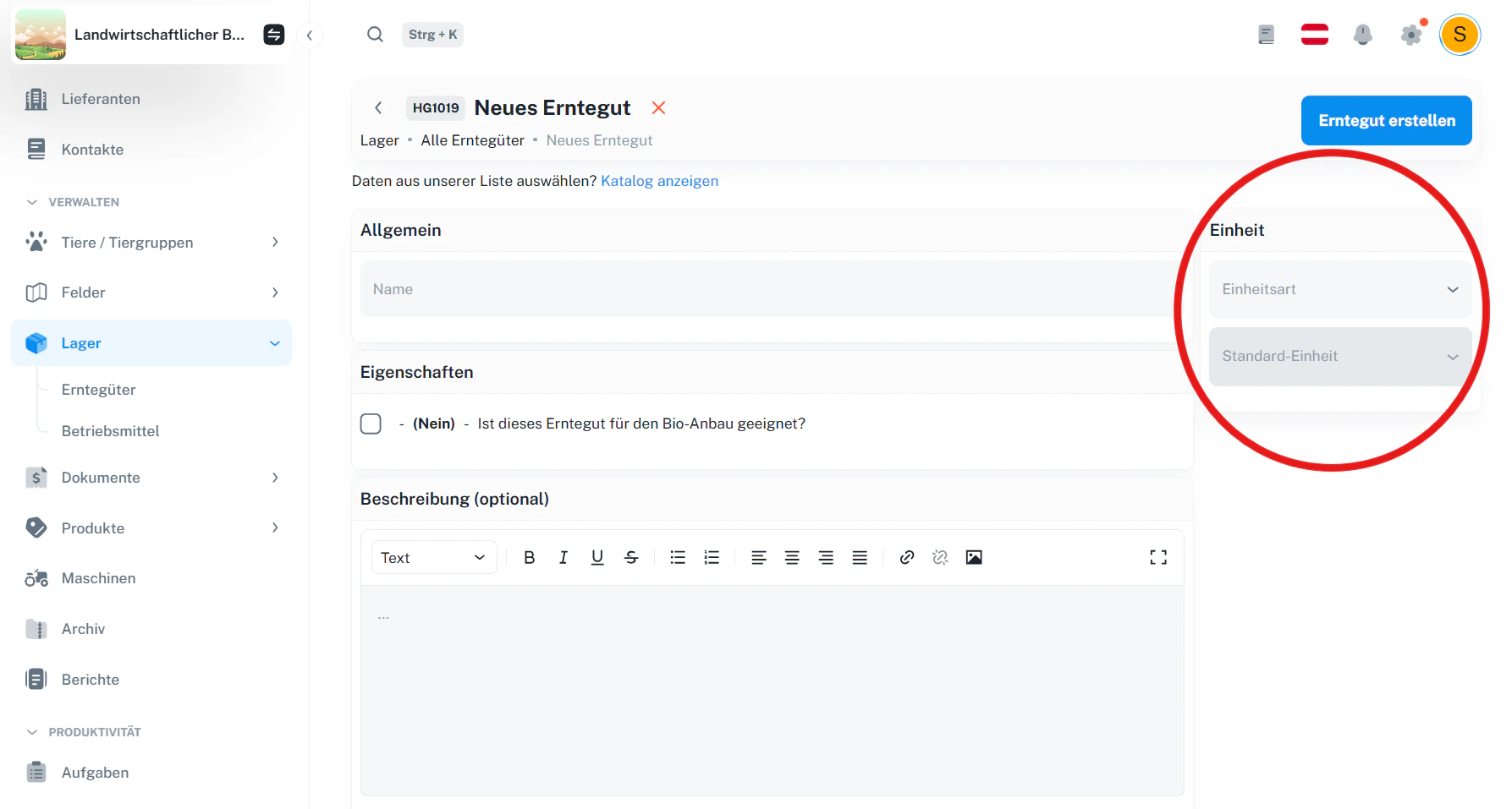 Erntegüter – manueller Eintrag (Einheitsart & Standard-Einheit)