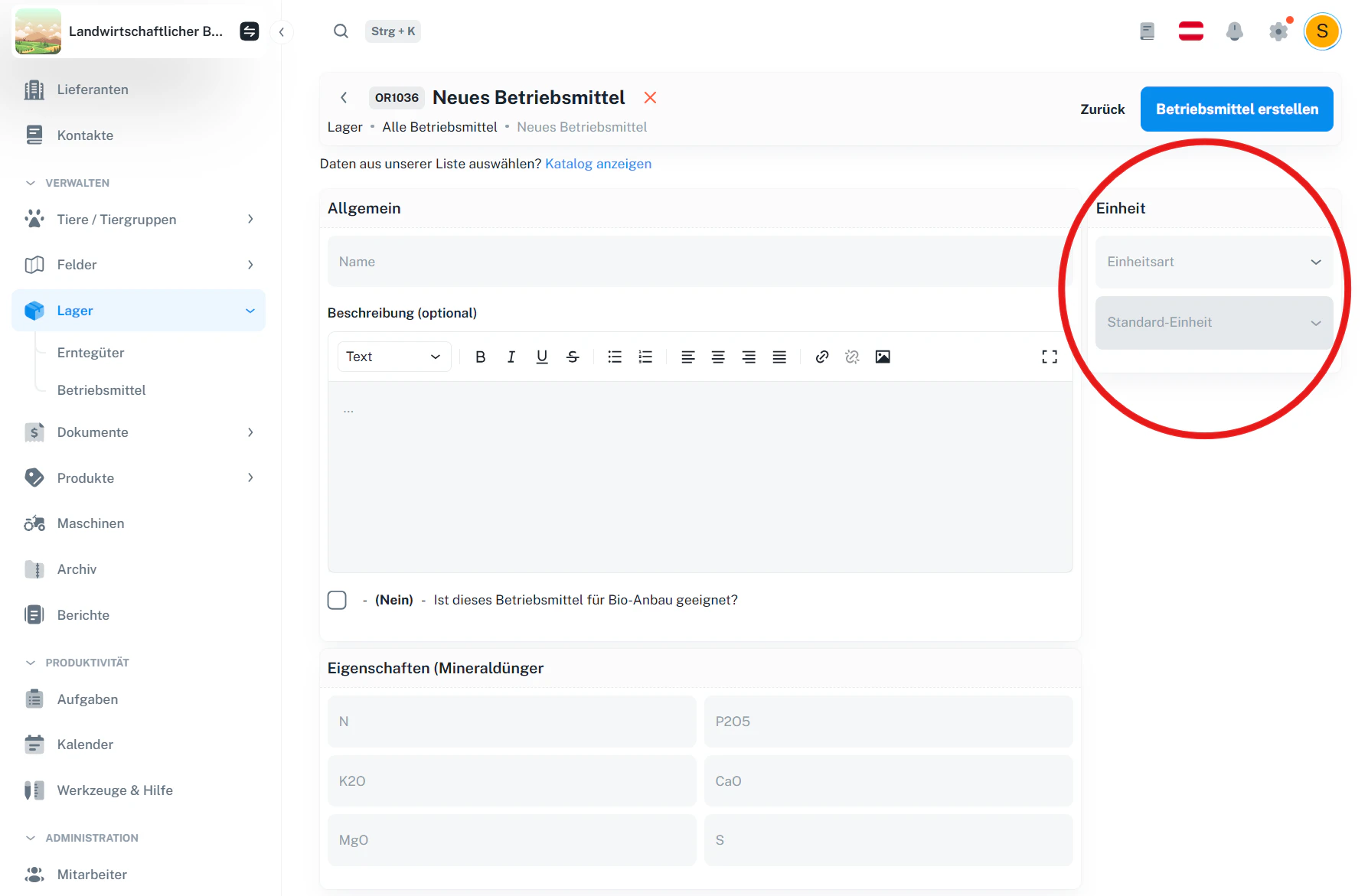 Mineraldünger – manueller Eintrag