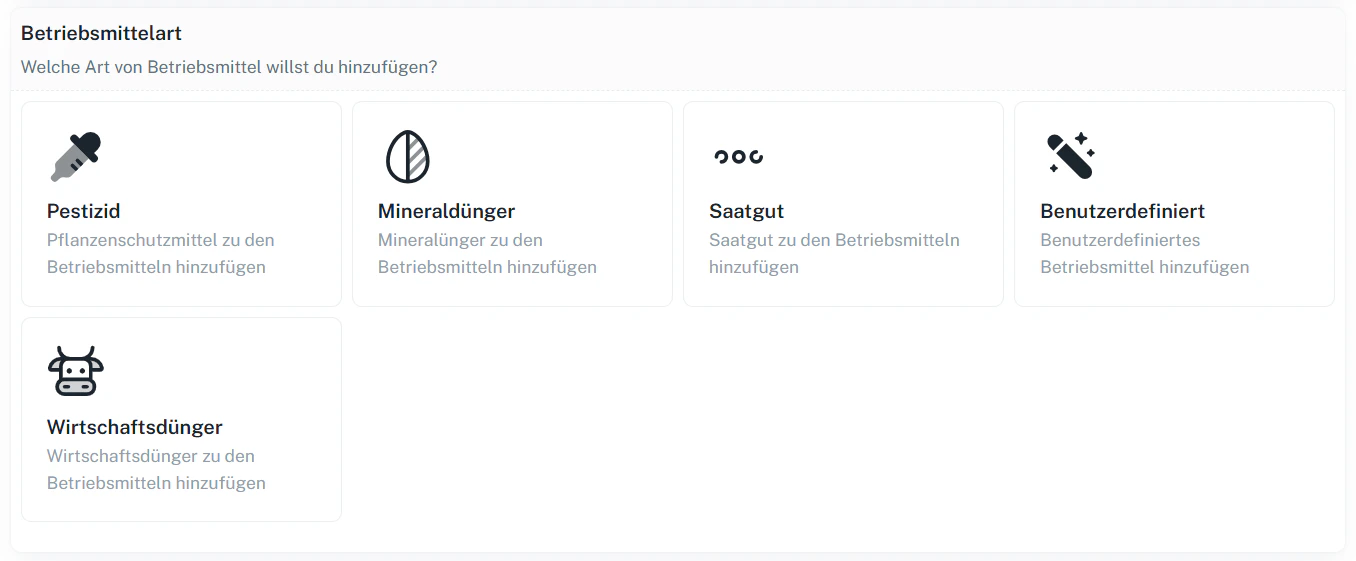 Betriebsmittelart wählen – Pestizid, Mineraldünger, Saatgut, Benutzerdefiniert, Wirtschaftsdünger