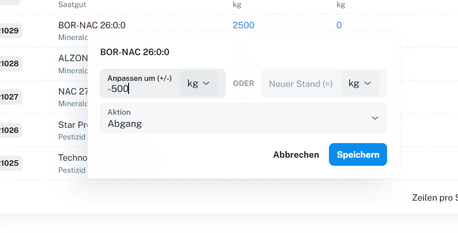 Buchungsdialog: Anpassen um (+/-) oder Neuer Stand (=) mit Aktionsauswahl
