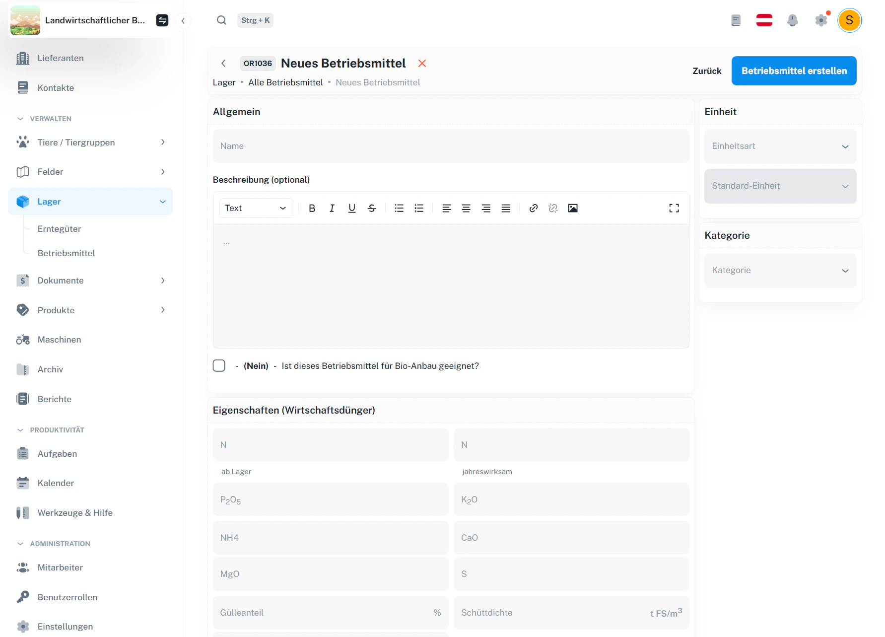 Wirtschaftsdünger – manueller Eintrag