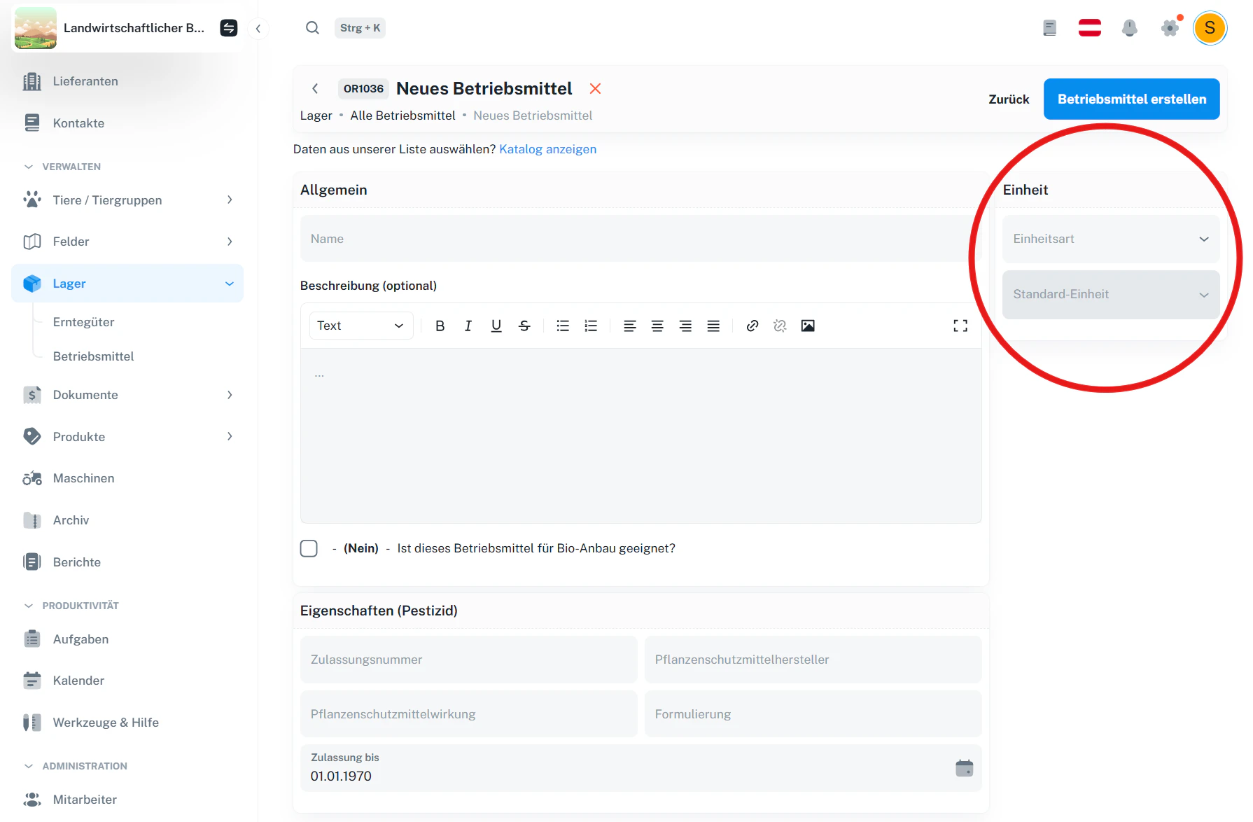 Pestizid – manueller Eintrag
