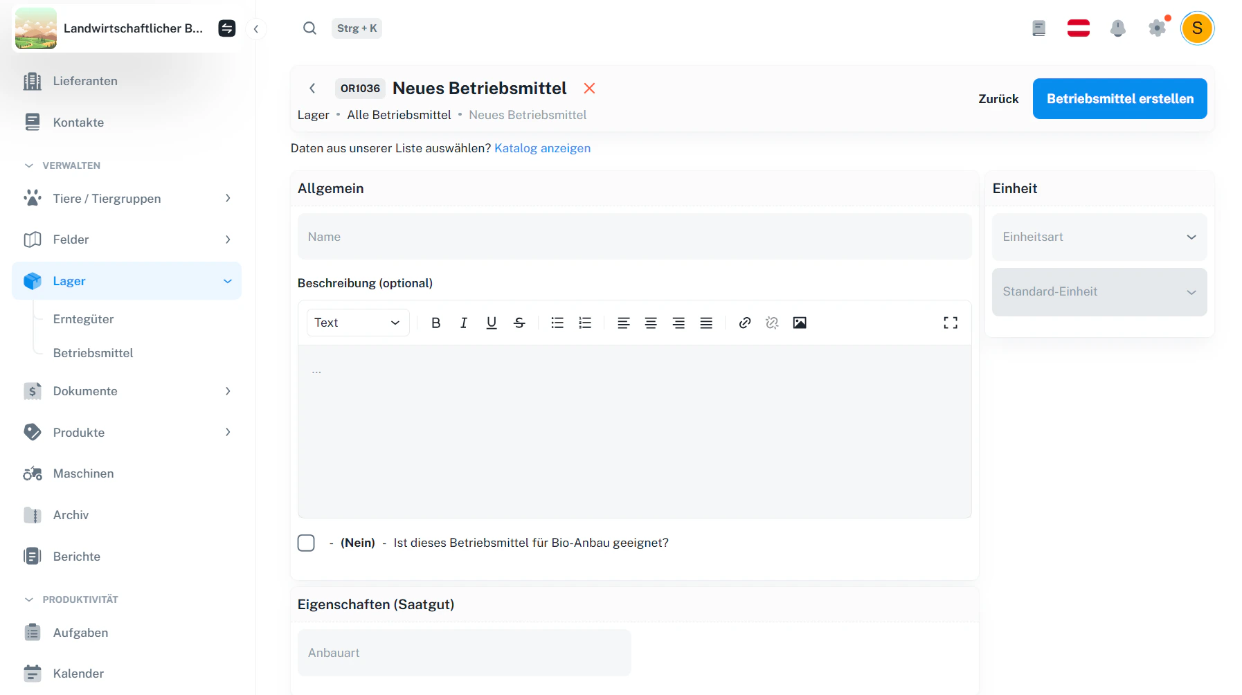 Saatgut – manueller Eintrag