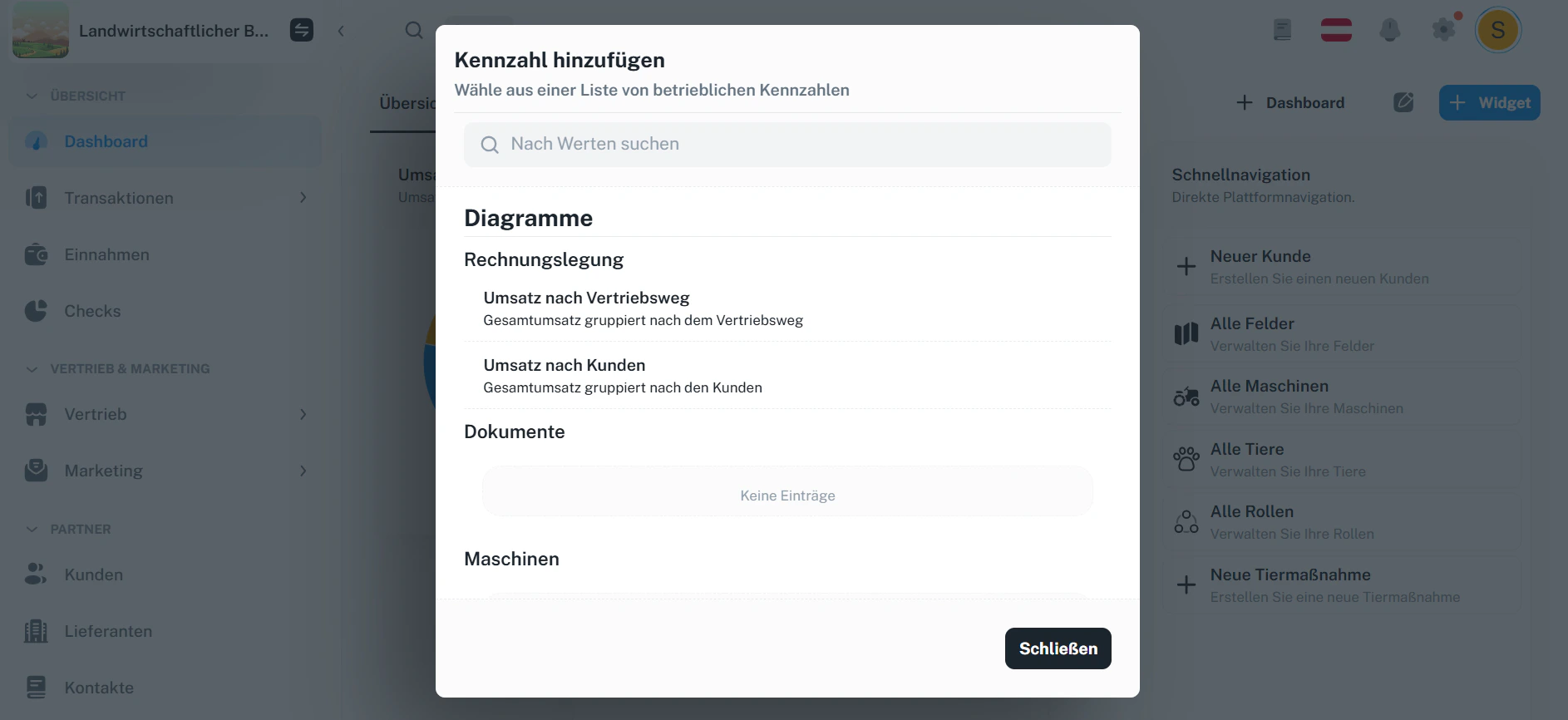 Neues Übersichts-Modul hinzufügen – Auswahl von Schnellnavigation oder Kennzahl