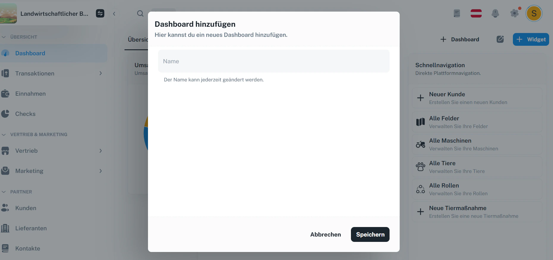 Dashboard hinzufügen – Name eingeben und speichern