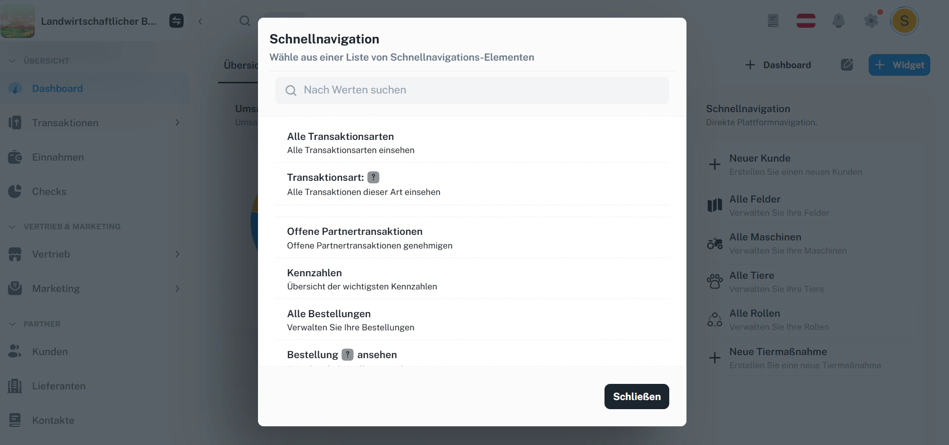 Schnellnavigation – Elemente auswählen (mit Suche)
