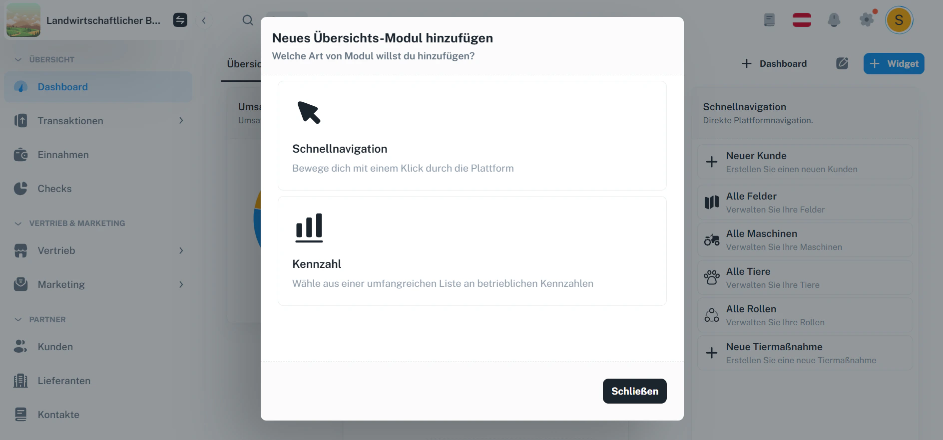 Widget hinzufügen – Auswahl von Dashboard-Widgets