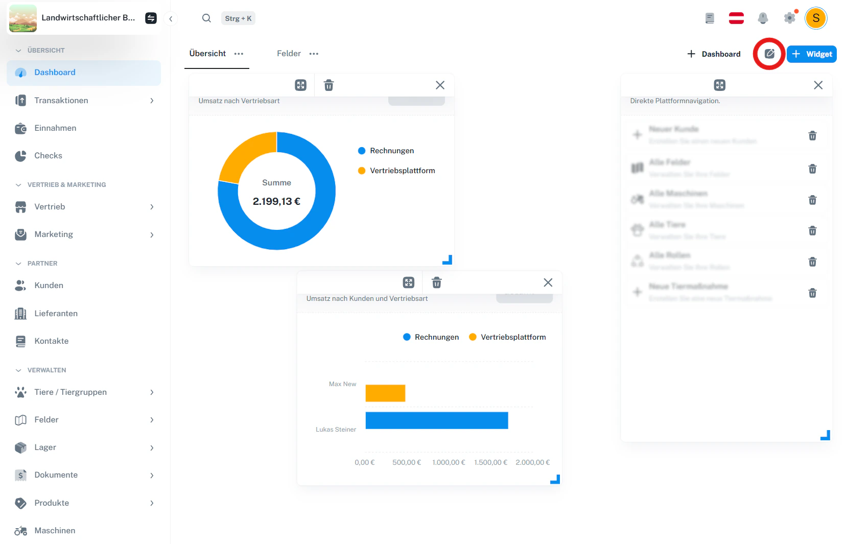Bearbeitungsmodus – Stift-Symbol neben + Widget