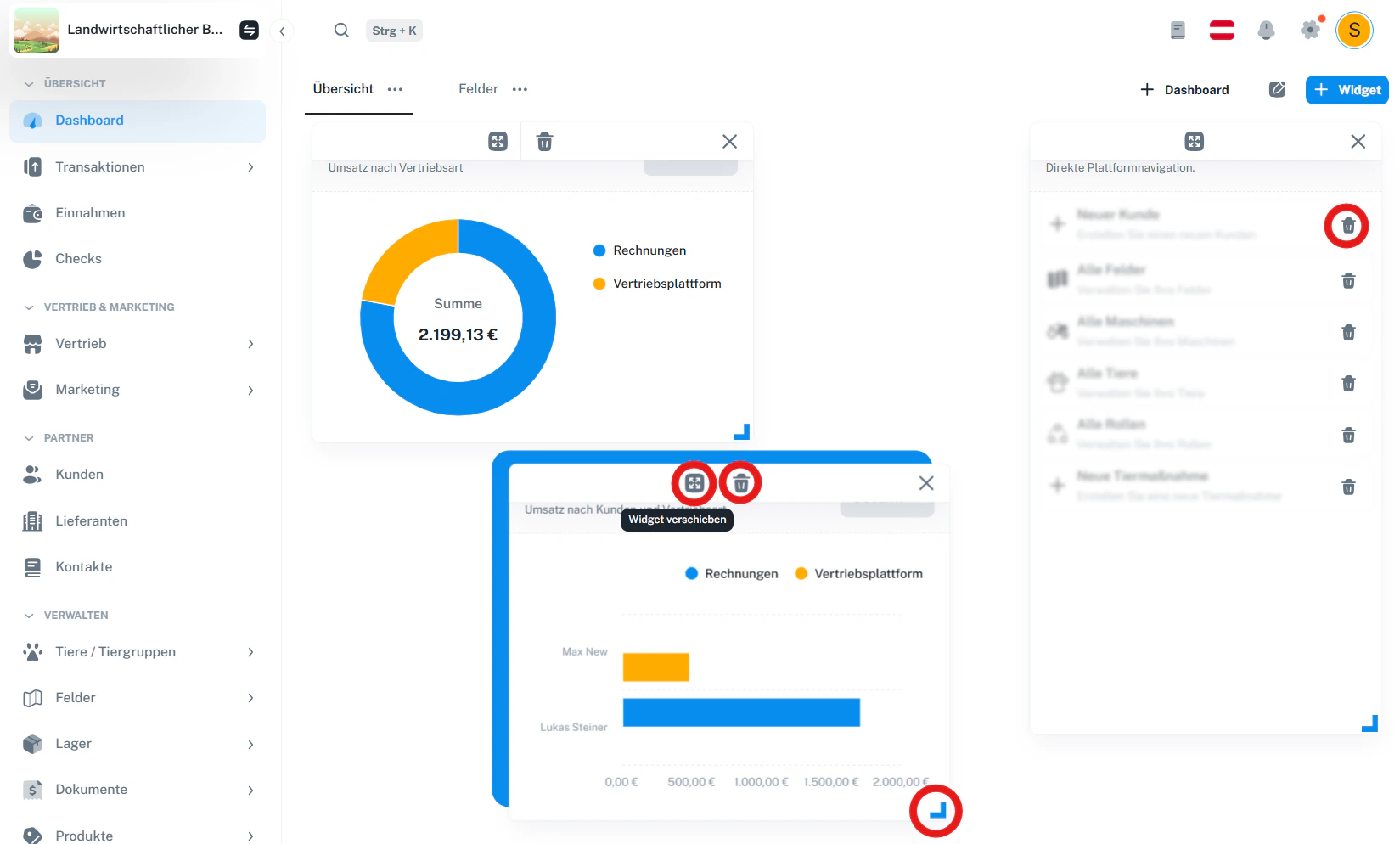 Bearbeitungsmodus – Widget verschieben, löschen und Größe ändern