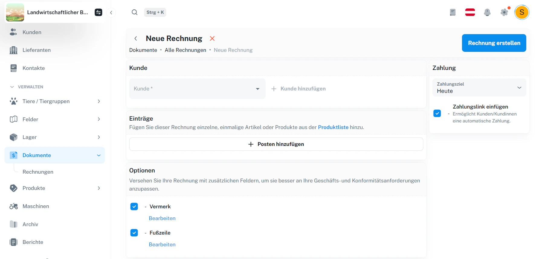 Neue Rechnung – Kunde, Einträge und Zahlungsbereich