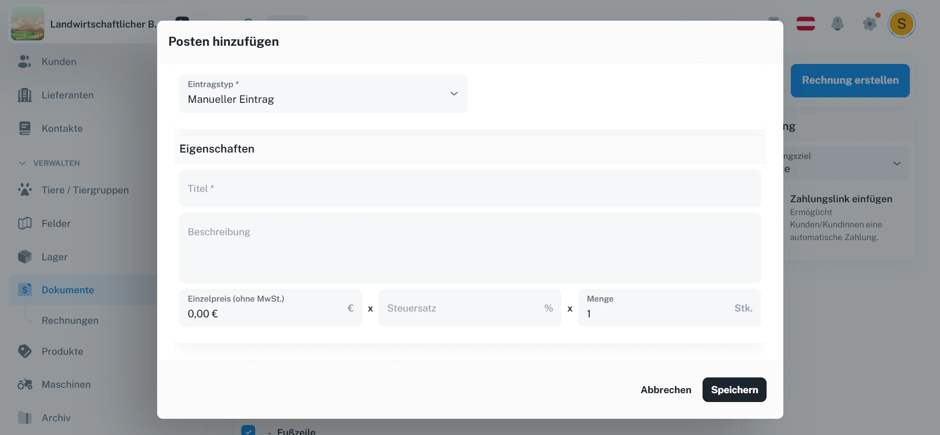 Posten hinzufügen – Dialog für manuellen Eintrag