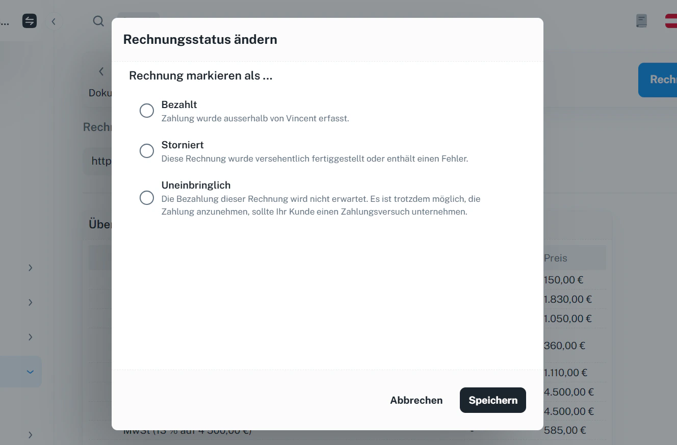 Rechnungsstatus ändern – Bezahlt, Storniert, Uneinbringlich