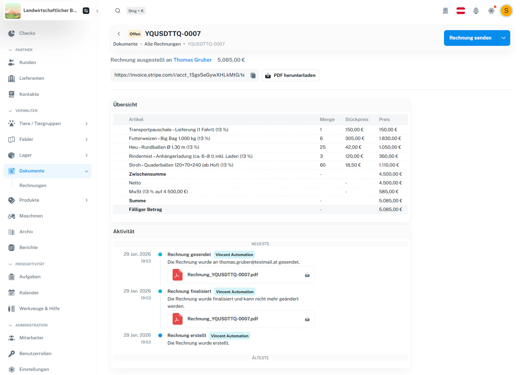 Rechnungsdetail – Übersicht, Link, PDF-Download und Aktivität