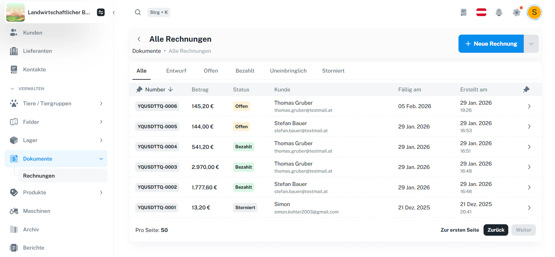 Rechnungen – Übersicht mit Status-Tabs und Rechnungslisten
