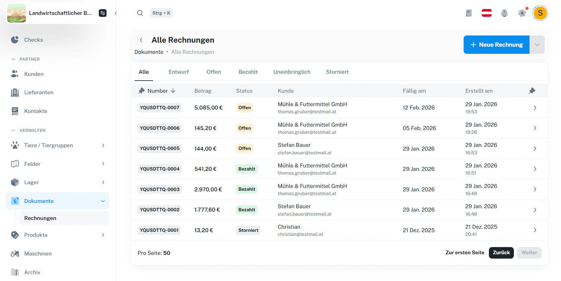 Rechnungen – Übersicht mit mehreren Einträgen und Statusanzeige