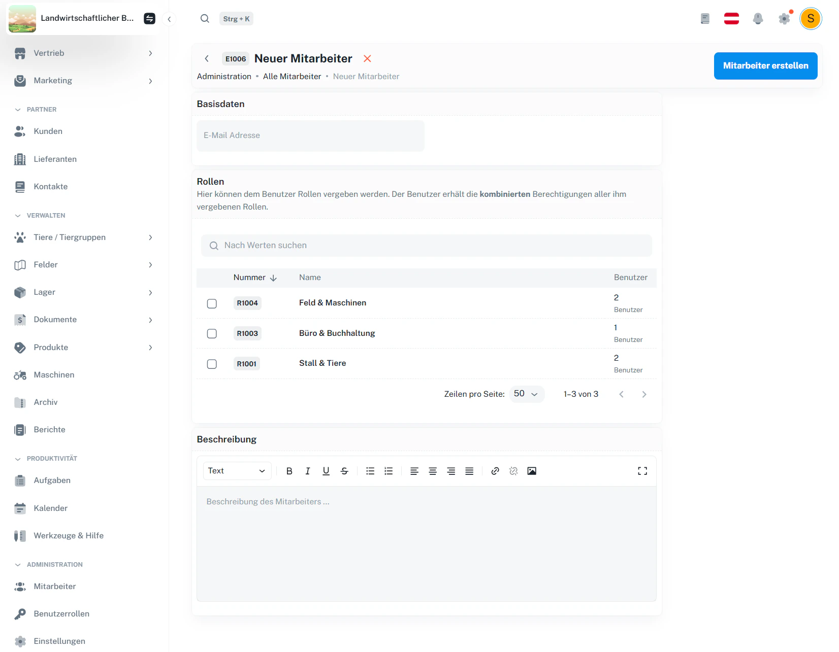 Neuer Mitarbeiter – E-Mail, Rollen auswählen und Beschreibung