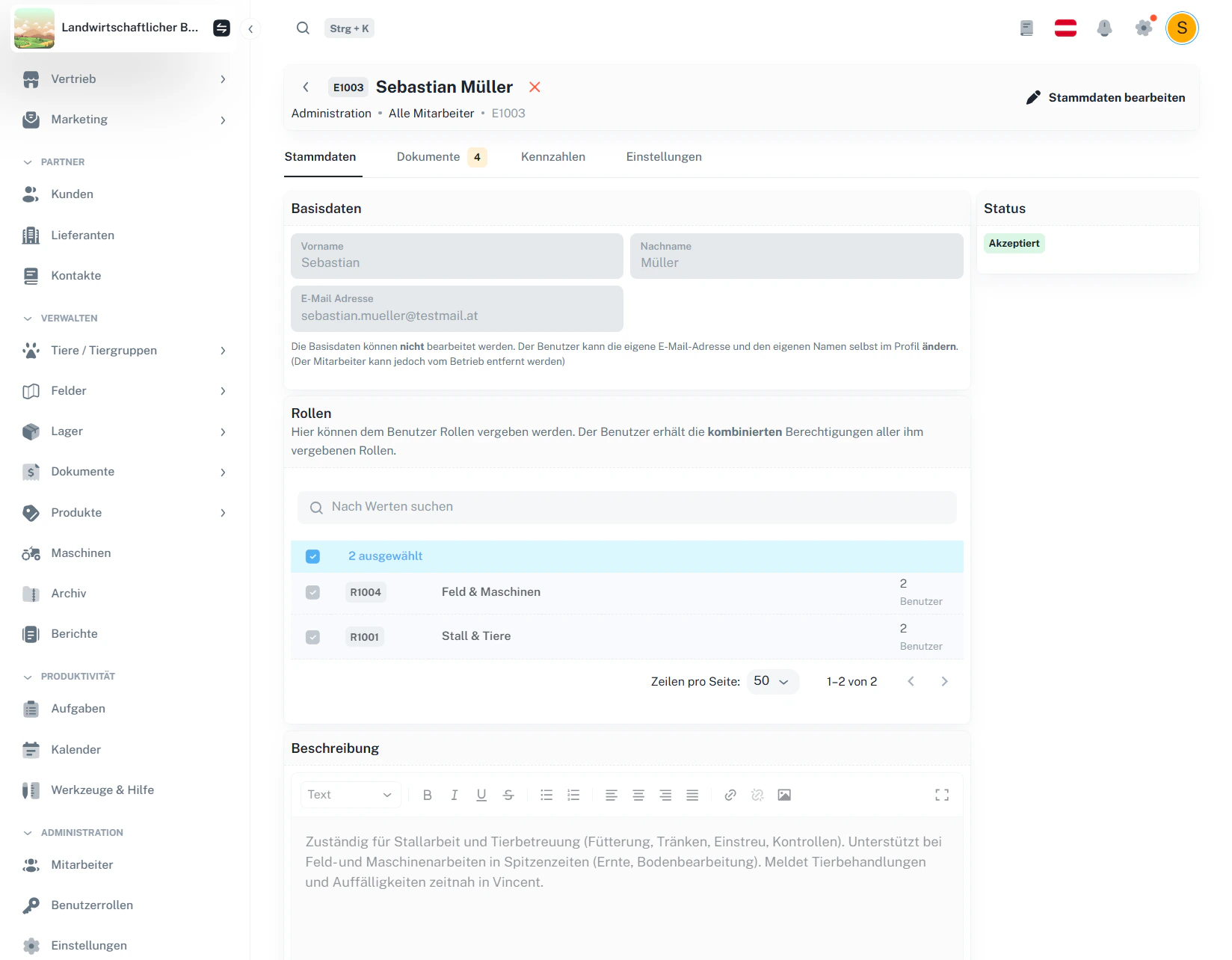 Mitarbeiter-Detail – Stammdaten, Rollen und Beschreibung (gesperrte Ansicht)