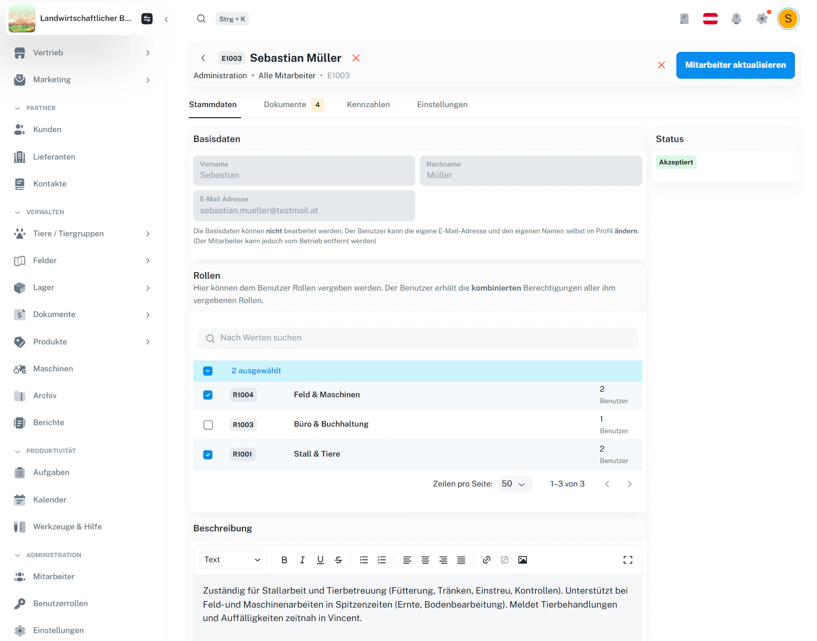 Mitarbeiter-Detail – Rollen auswählen und Mitarbeiter aktualisieren
