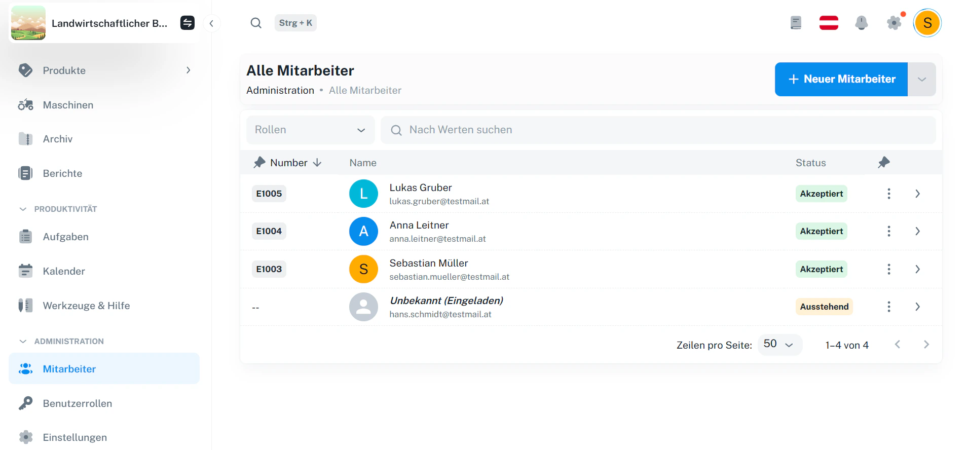 Mitarbeiter – Übersichtsliste mit Status und Rollenfilter
