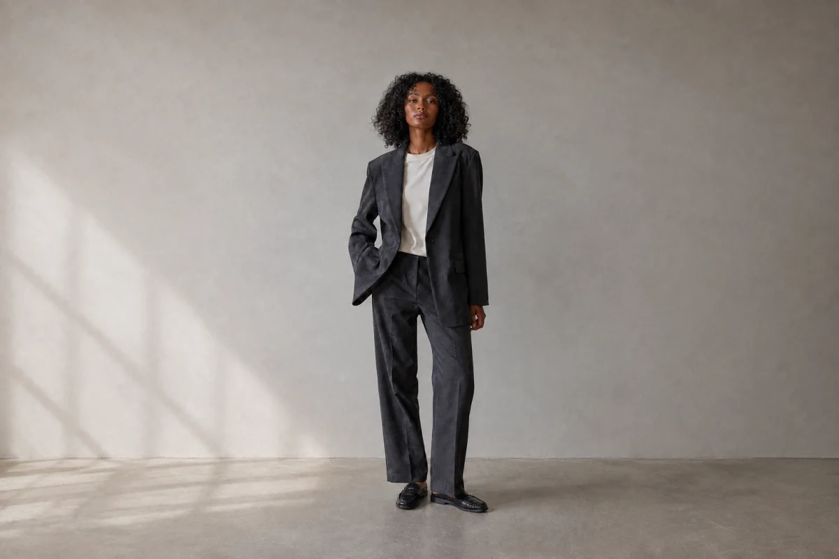 Extended composition of the gray-suit fashion photo with more space around the subject