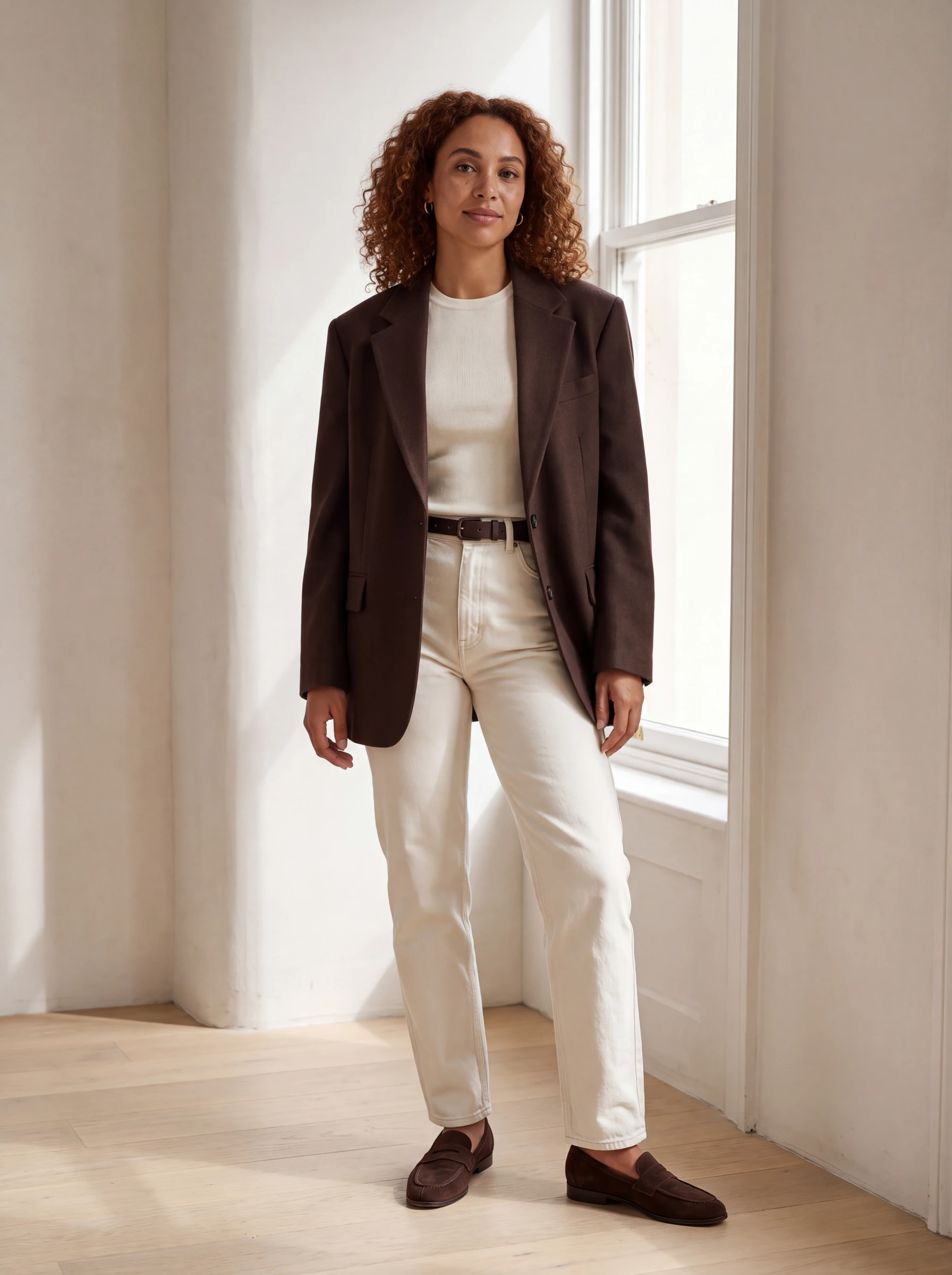 Mara wearing a chocolate wool blazer, ivory knit top, ecru jeans, and brown loafers beside a studio window