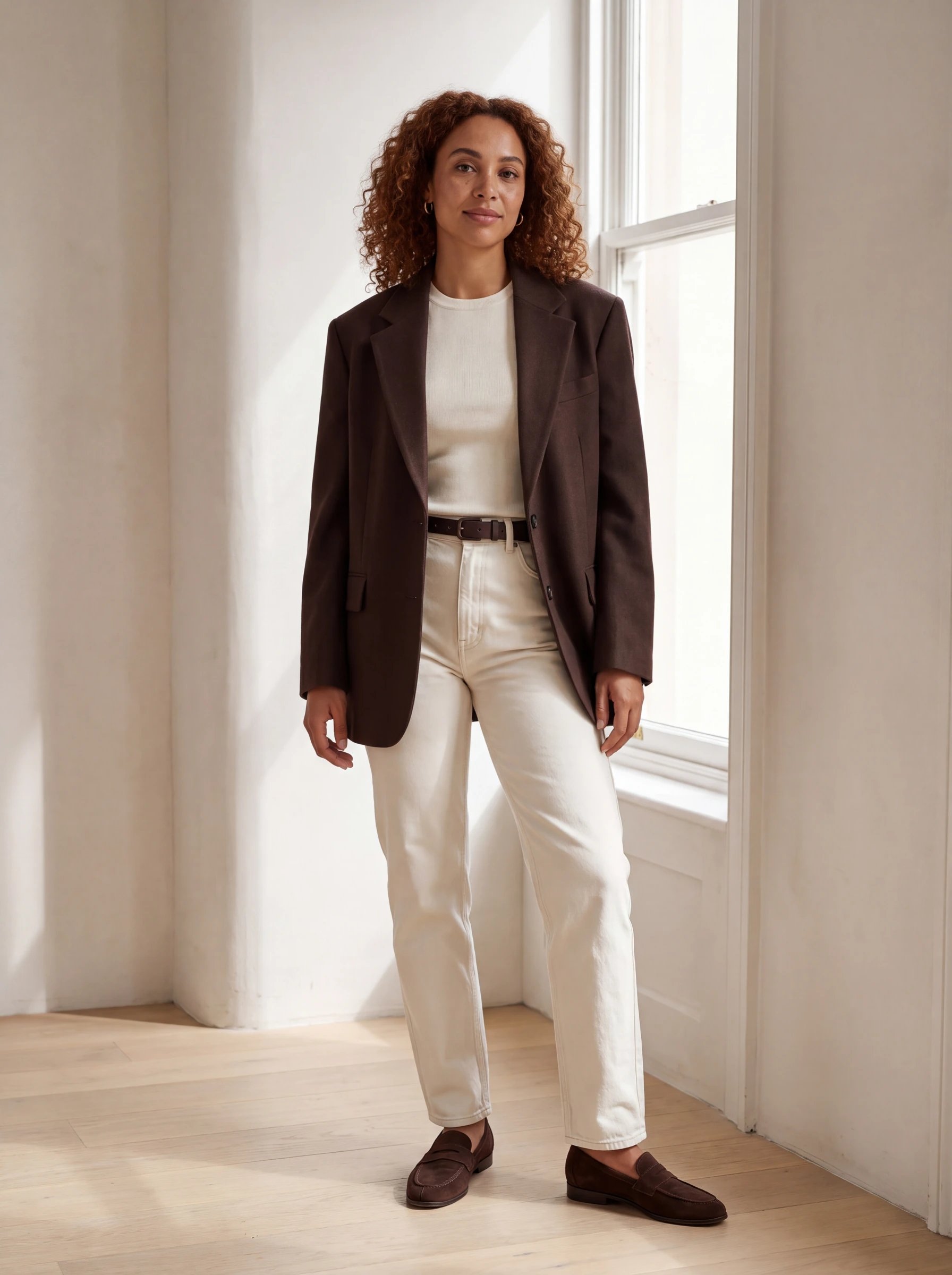 Mara in a chocolate blazer and ecru jeans beside a tall studio window