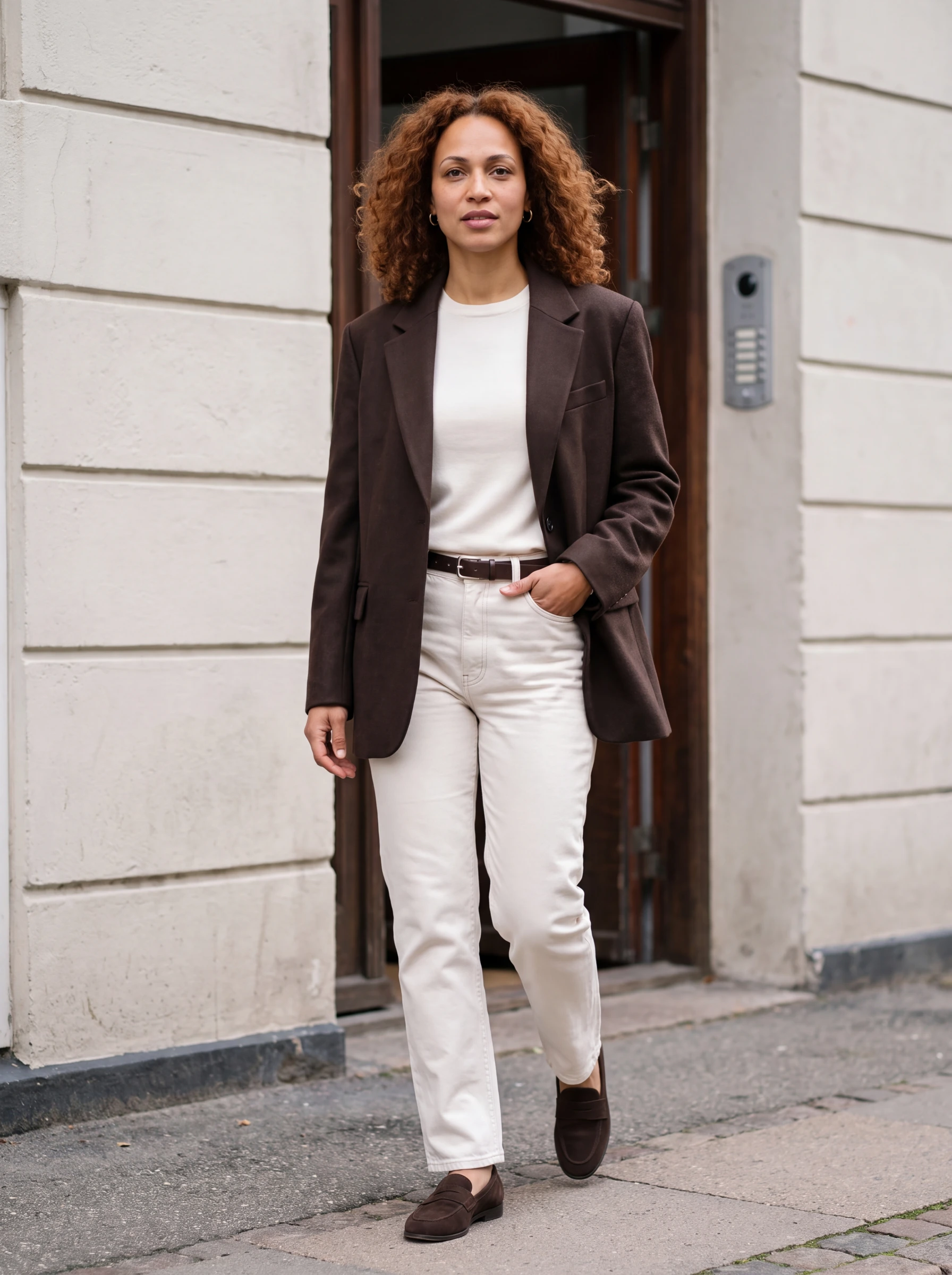 Mara in coordinated chocolate and ivory tailoring walking beside a pale stone facade