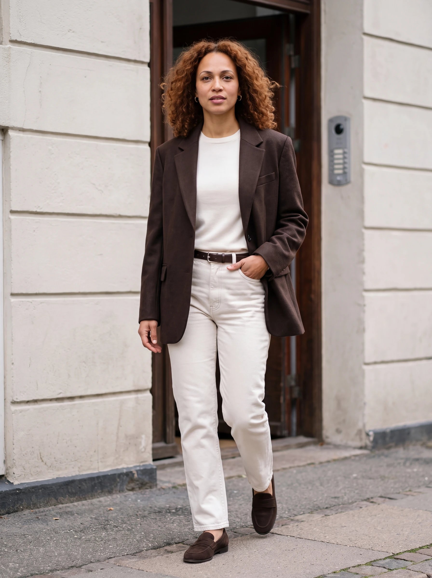 Mara wearing coordinated chocolate and ivory tailoring on a quiet street
