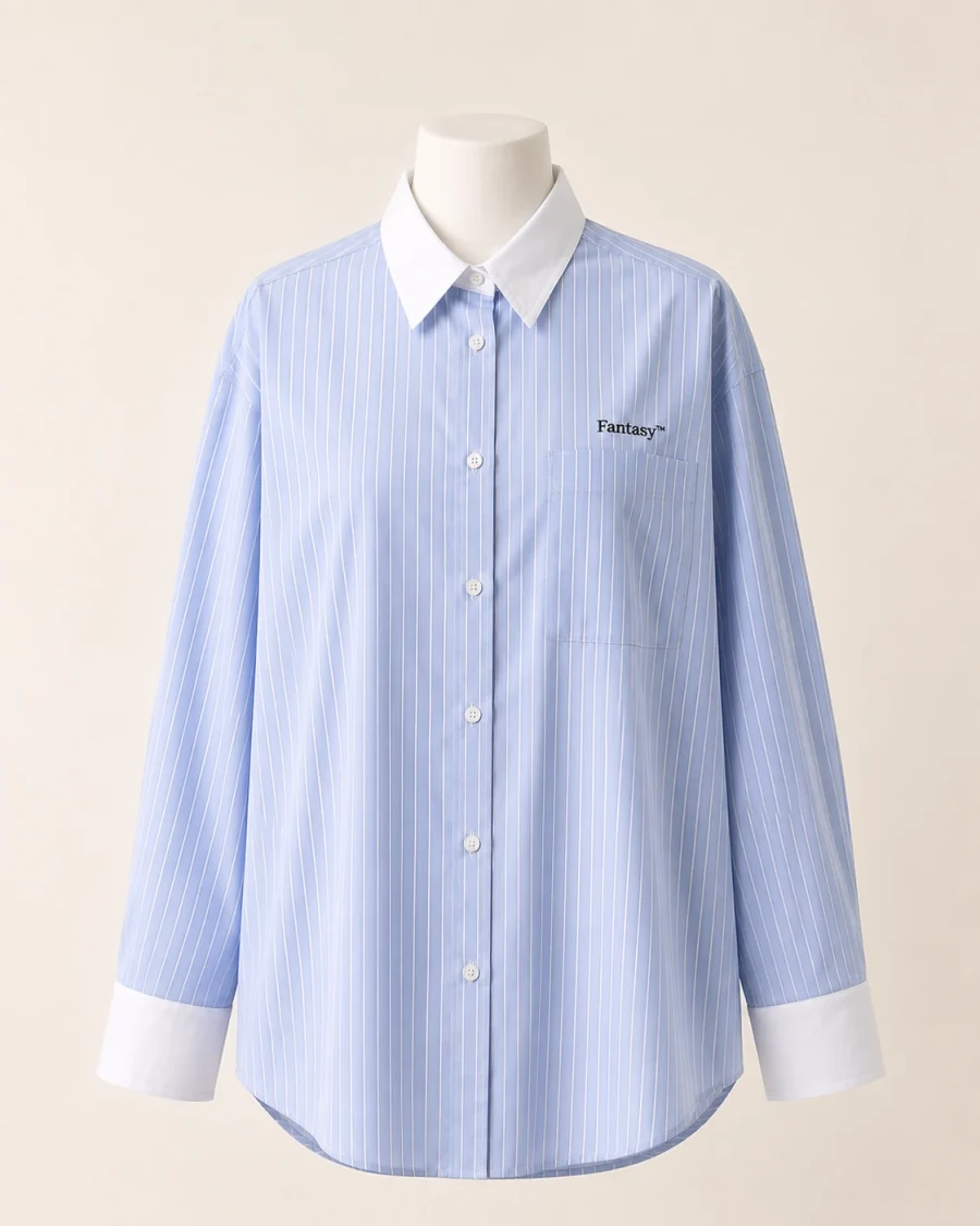 Front product reference of a blue striped shirt with white collar and cuffs