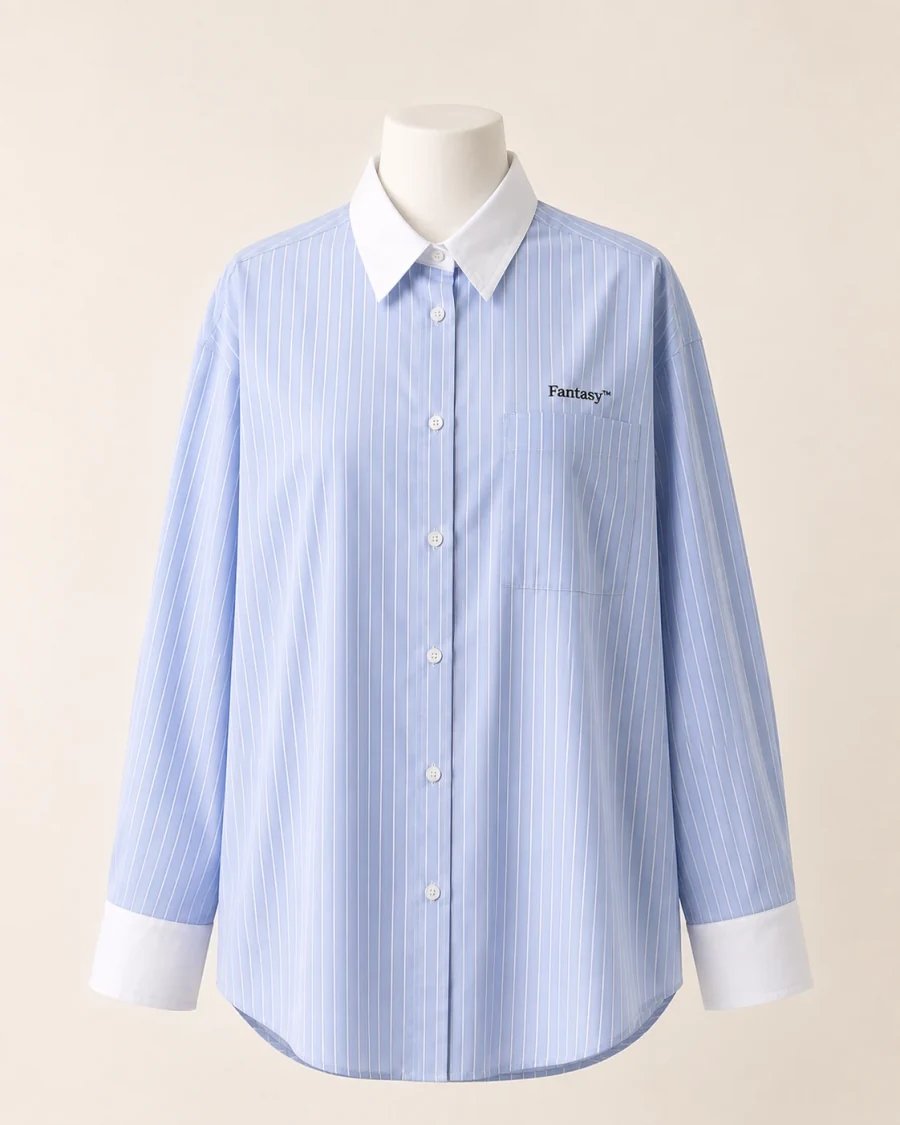 Front product reference of a blue striped shirt with white collar and cuffs