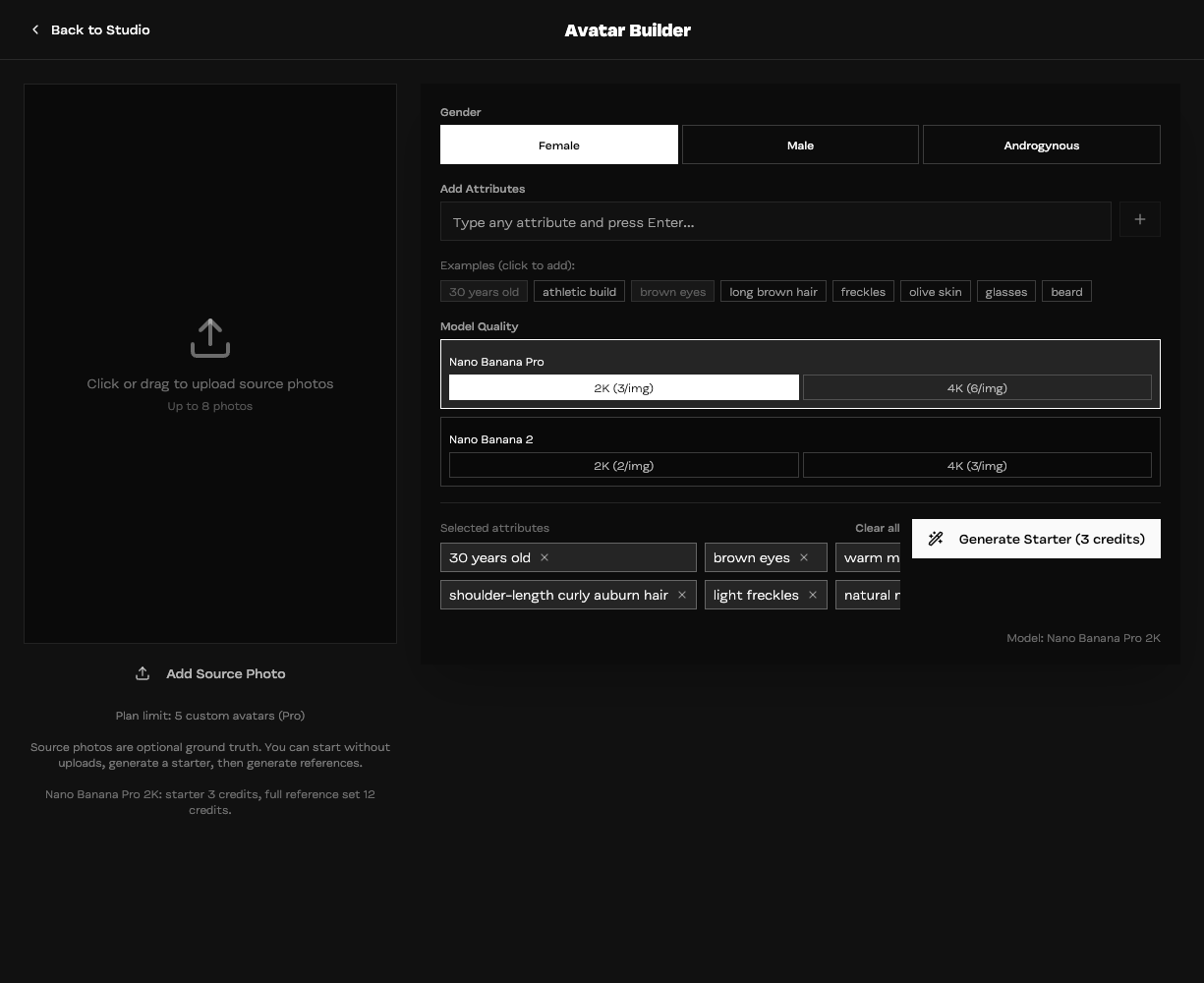Avatar Builder with Female selected, Mara’s appearance attributes, and Nano Banana Pro 2K selected