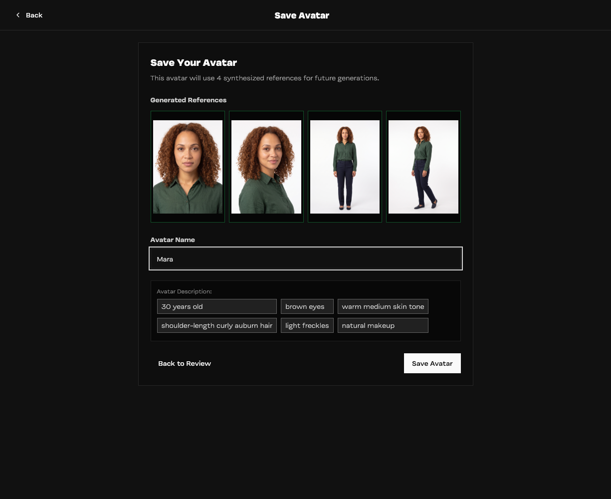 Save Avatar screen with the name Mara and four generated reference thumbnails