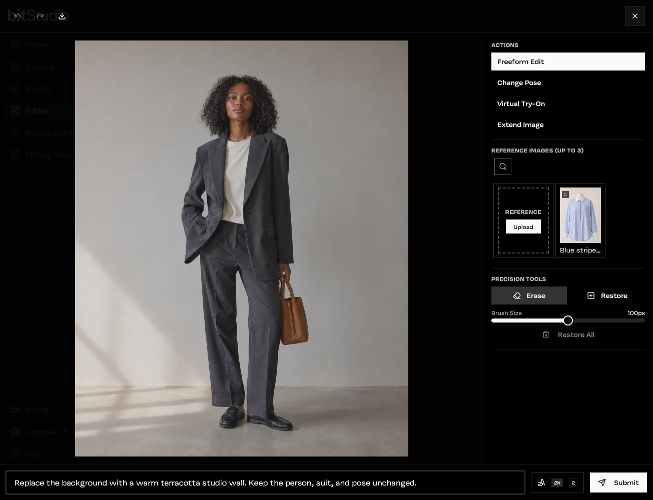 Editor showing a woman in a gray suit and a prompt to change only the studio background