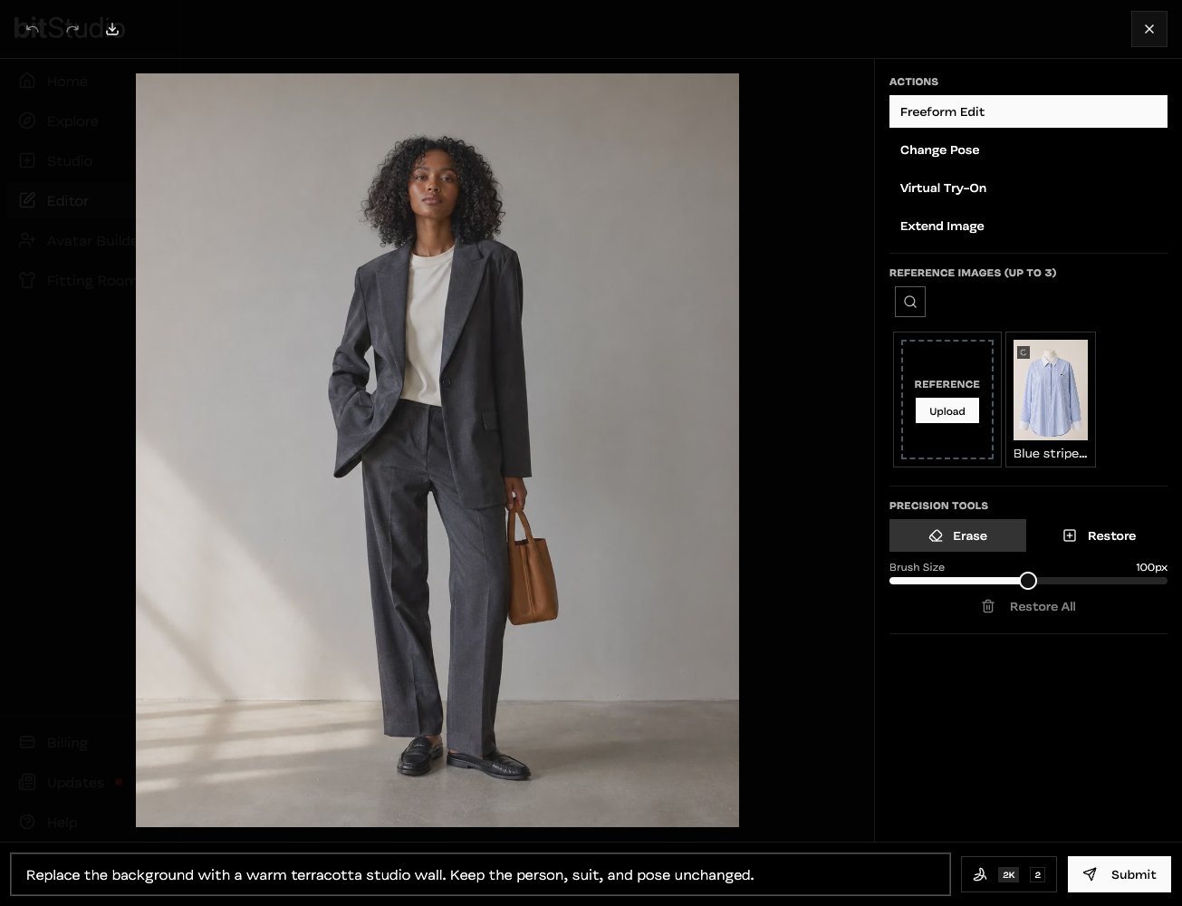 Editor showing a woman in a gray suit and a prompt to change only the studio background