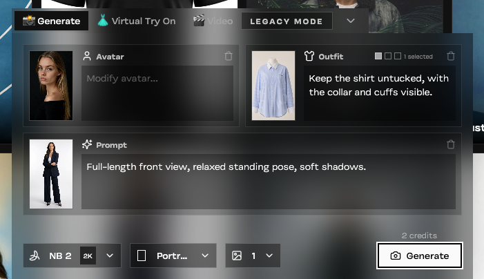 Studio Generate panel configured with Eva, a blue striped shirt, a white studio preset, a portrait frame, and one image