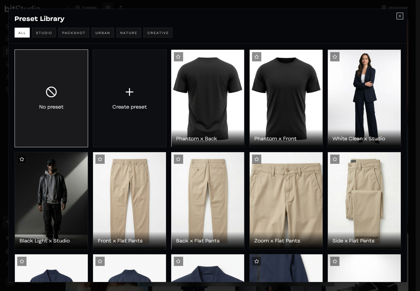 Preset Library with category filters and previews of studio, ghost mannequin, and flat-lay setups
