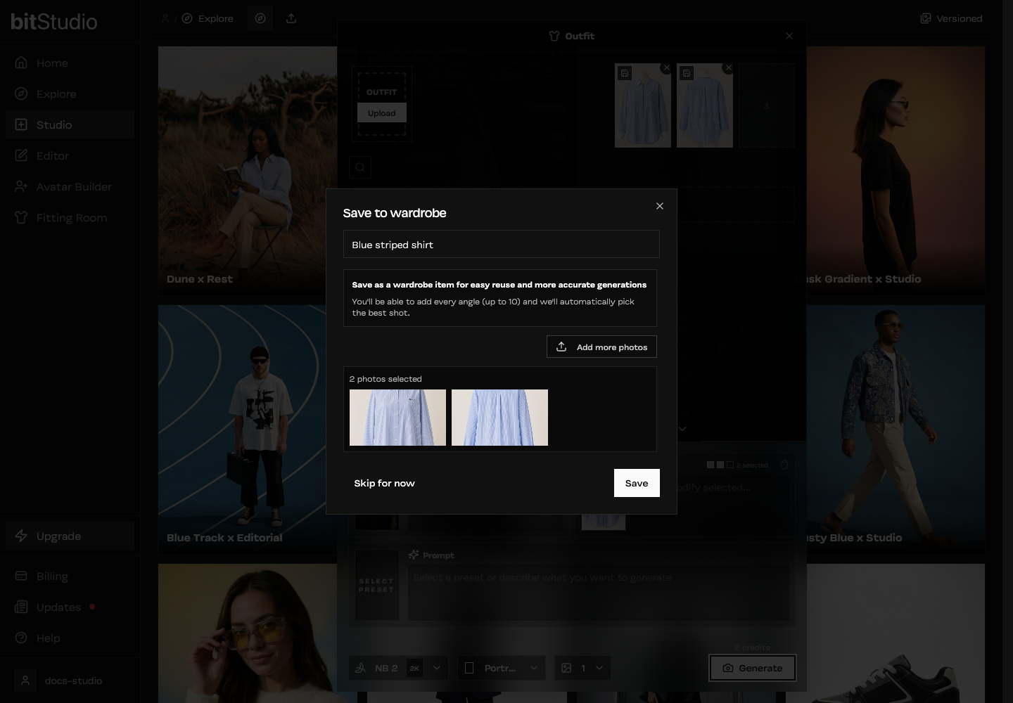 Save to wardrobe dialog for Blue striped shirt with two product photos selected and Add more photos and Save controls