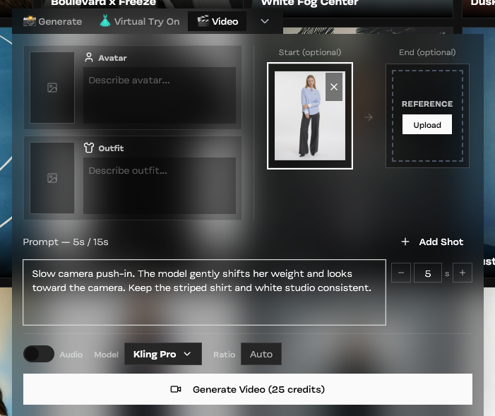 Video panel with a blue-shirt start frame, five-second camera and model movement prompt, and audio turned off