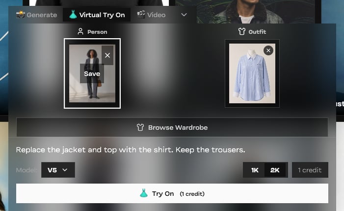 Virtual Try On panel with a person photo and a blue striped shirt selected as the garment
