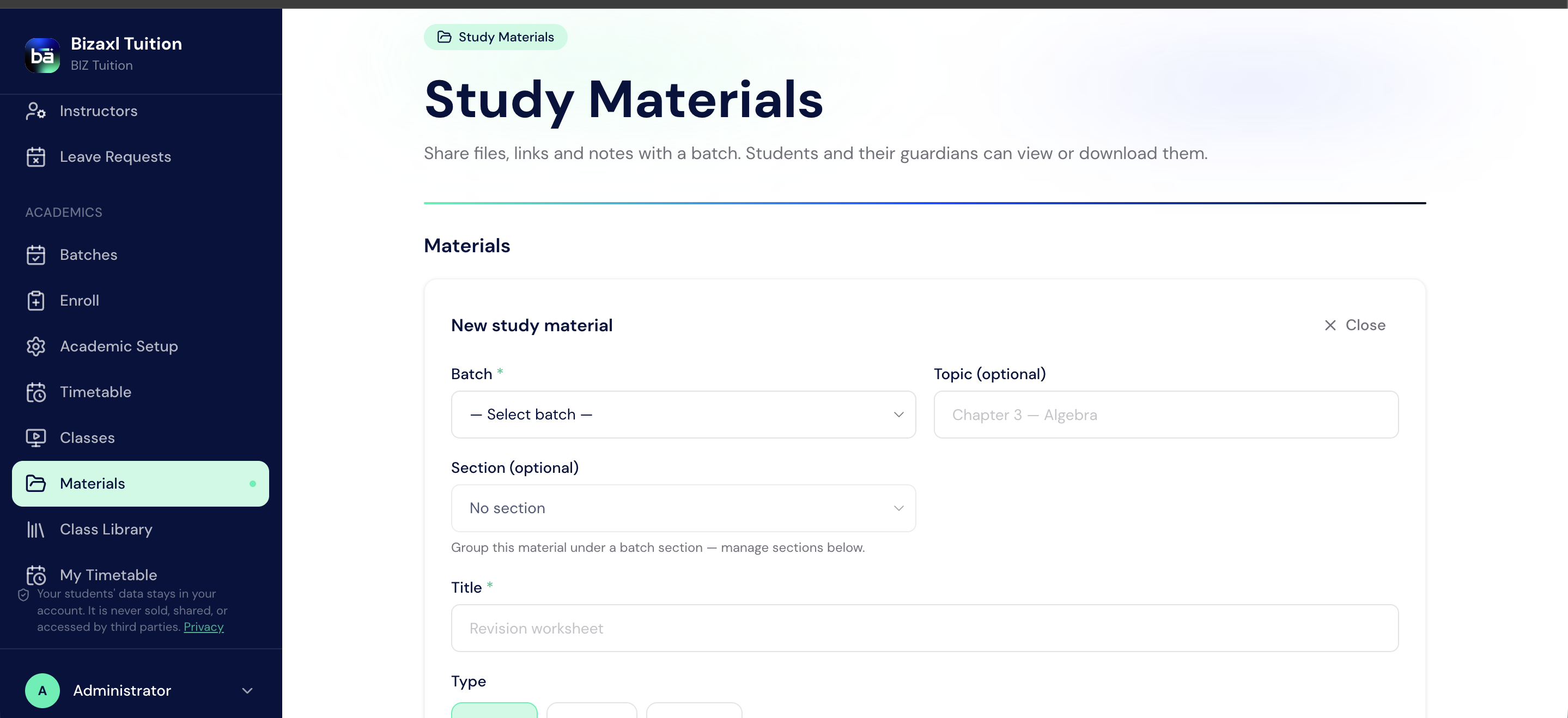 New study material form with batch, topic, section, title, and type fields