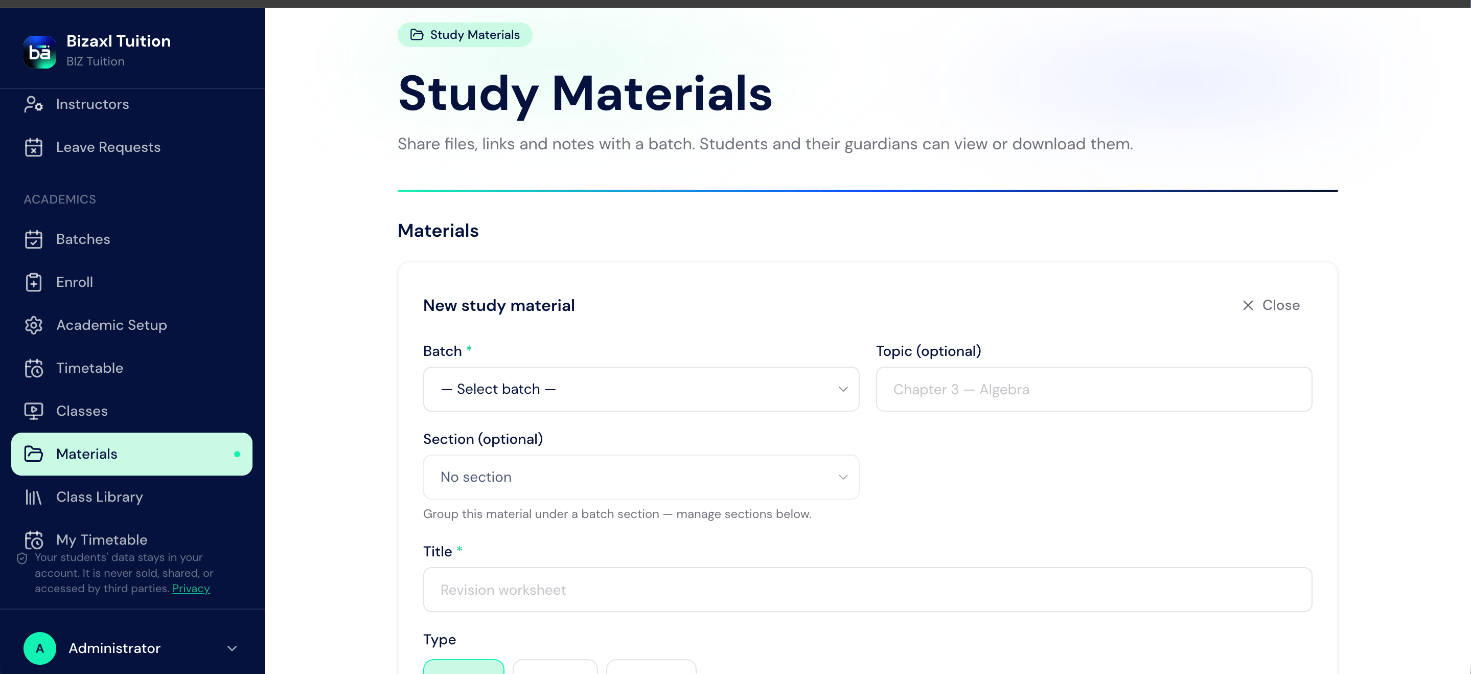 New study material form with batch, topic, section, title, and type fields