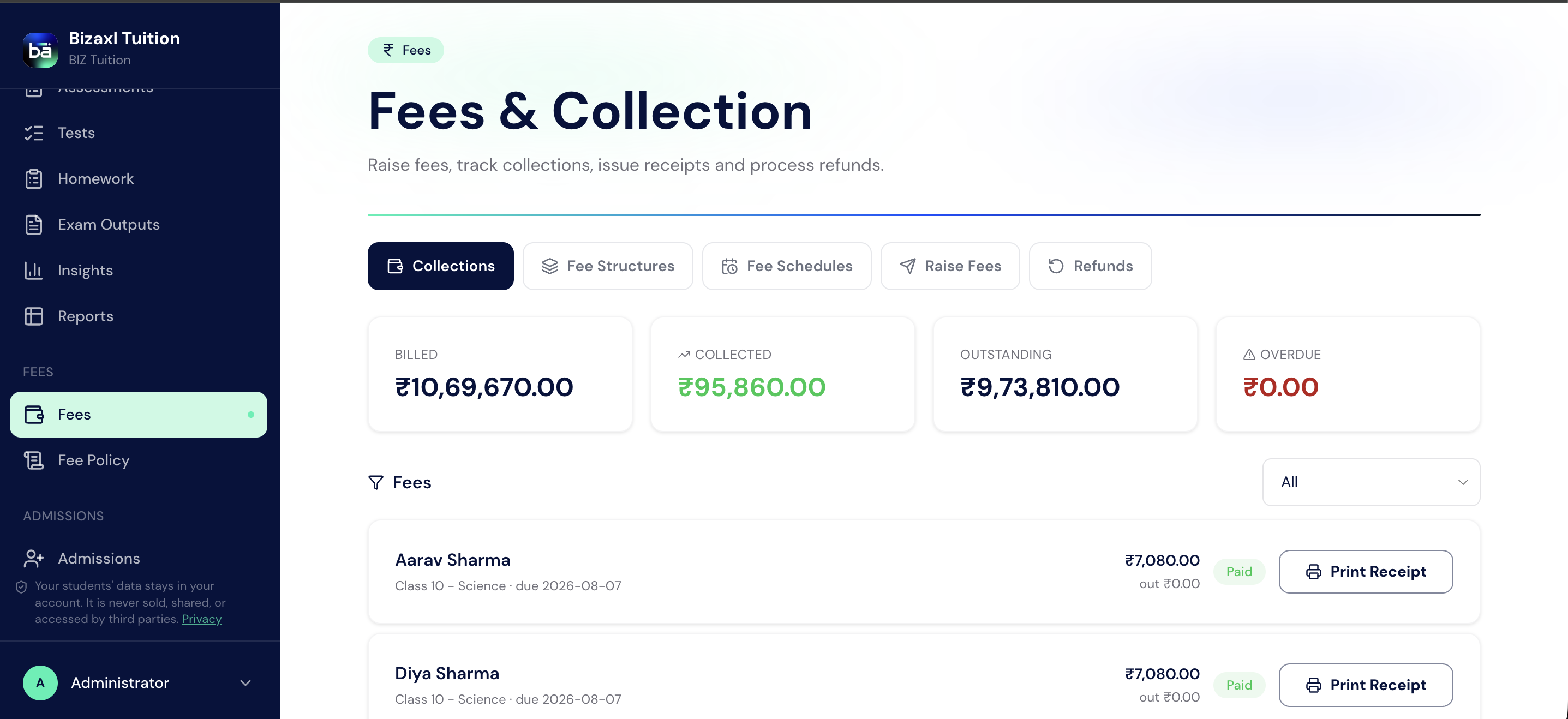 The Fees and Collection page showing billed, collected, outstanding, and overdue totals with student payment records.