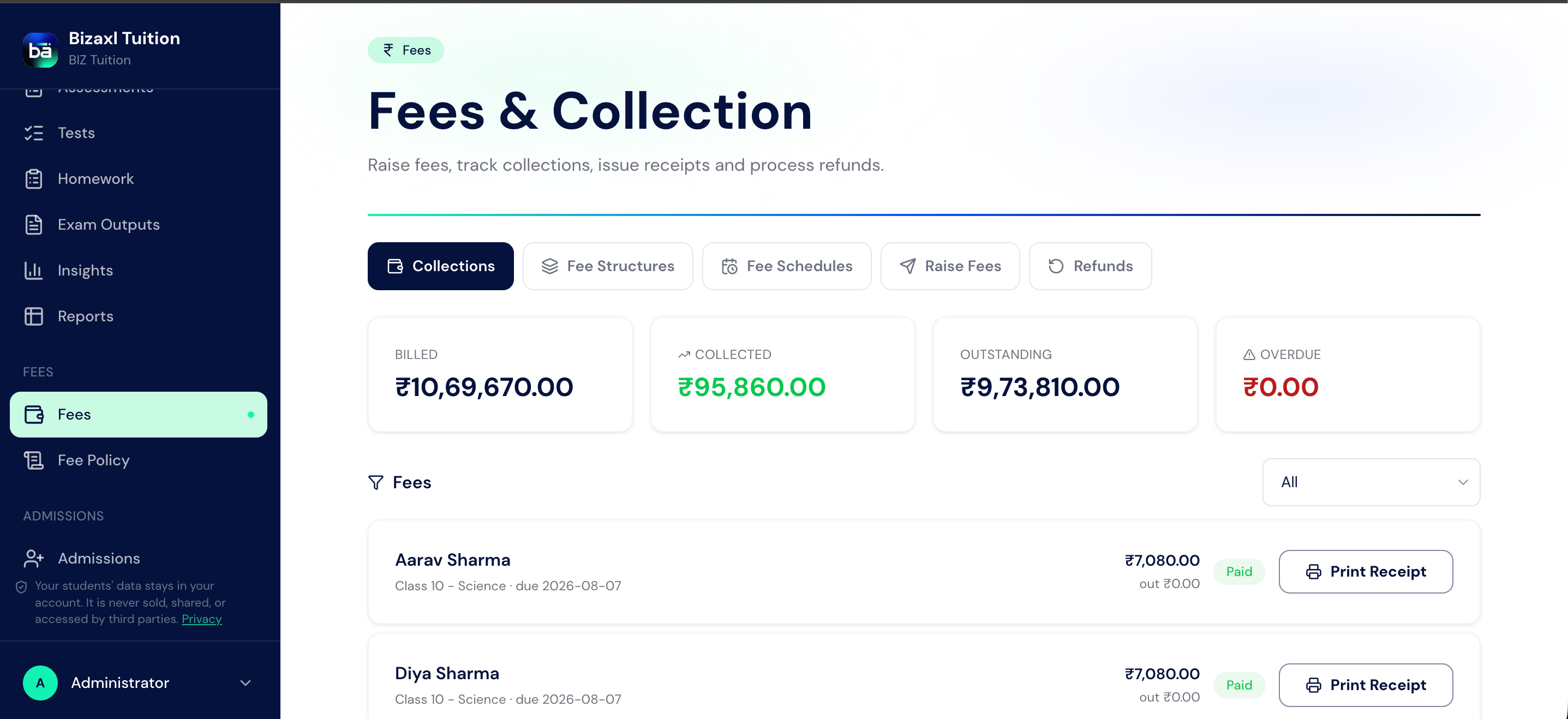 The Fees and Collection page showing billed, collected, outstanding, and overdue totals with student payment records.