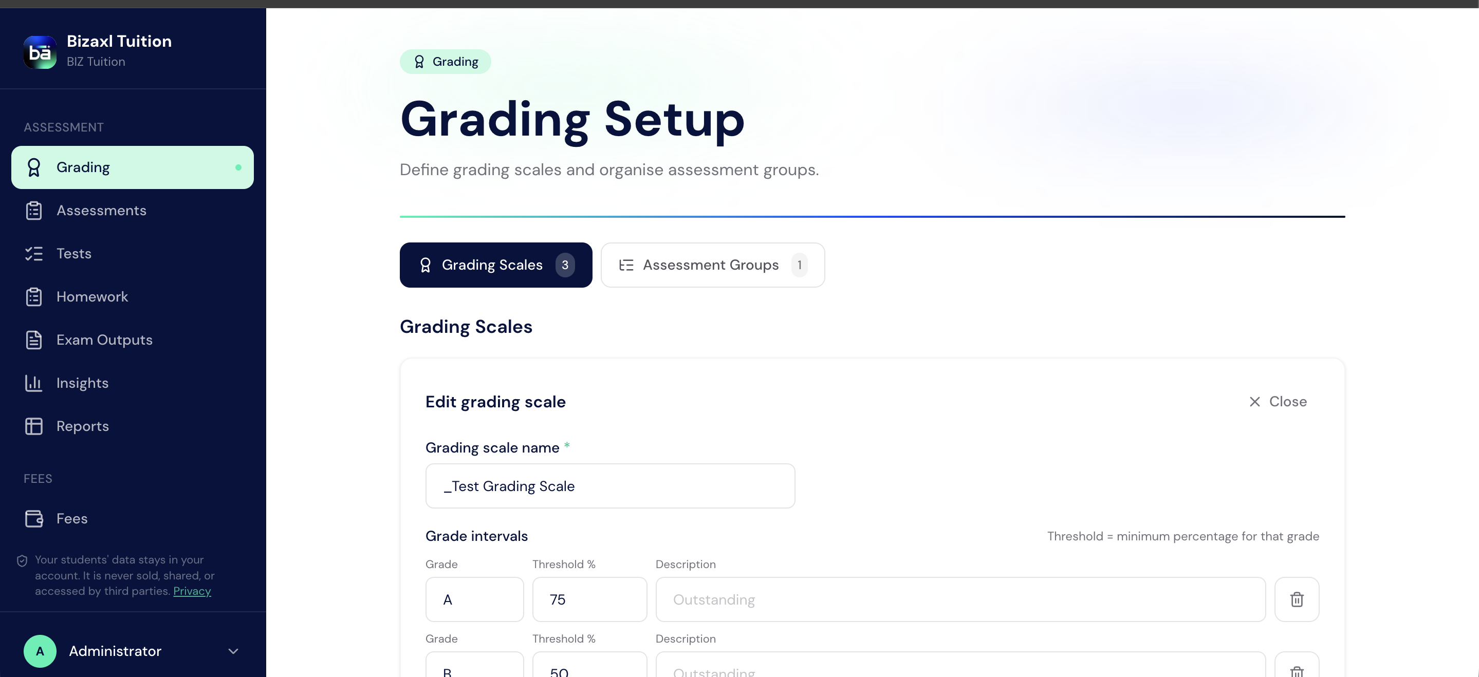 Grading Setup screen showing a grading scale being edited with grade, threshold, and description fields
