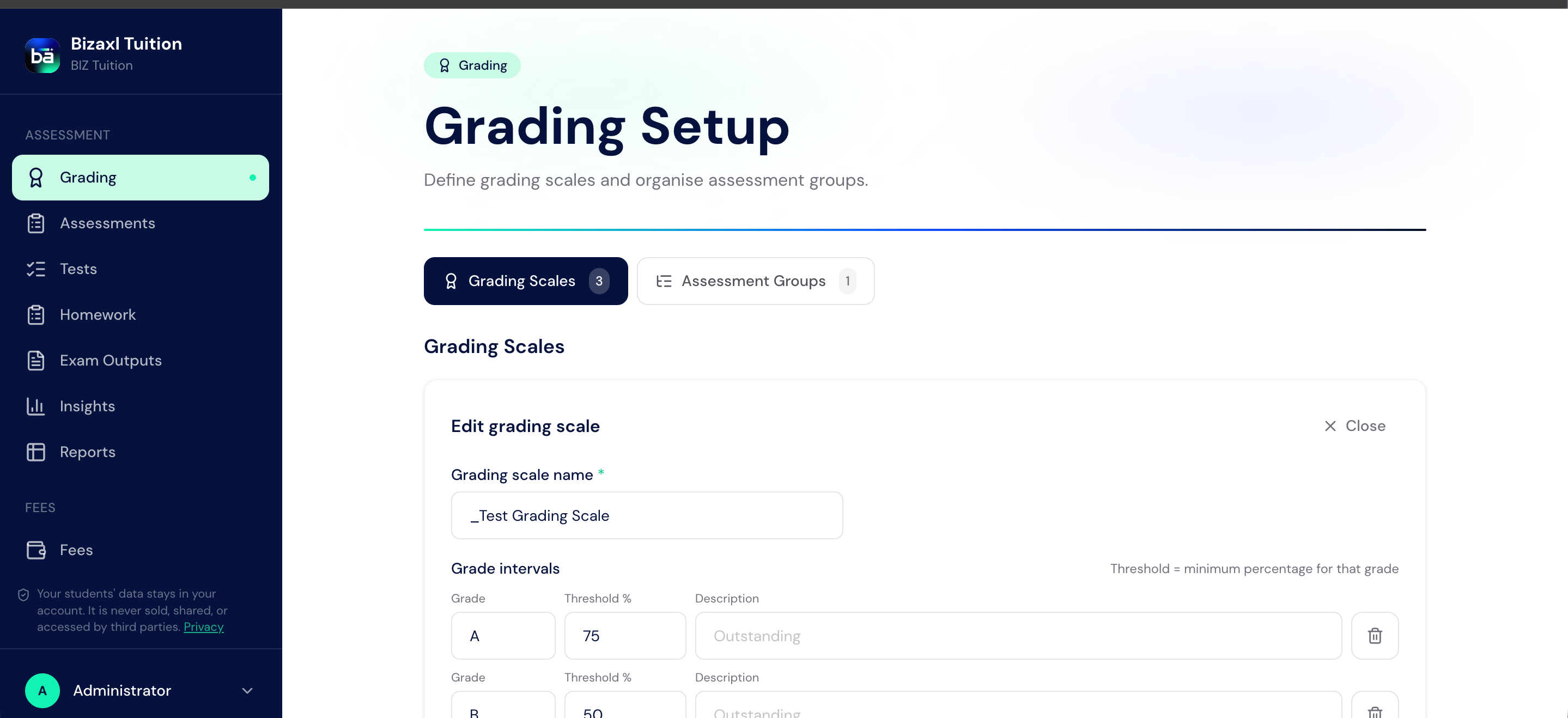 Grading Setup screen showing a grading scale being edited with grade, threshold, and description fields