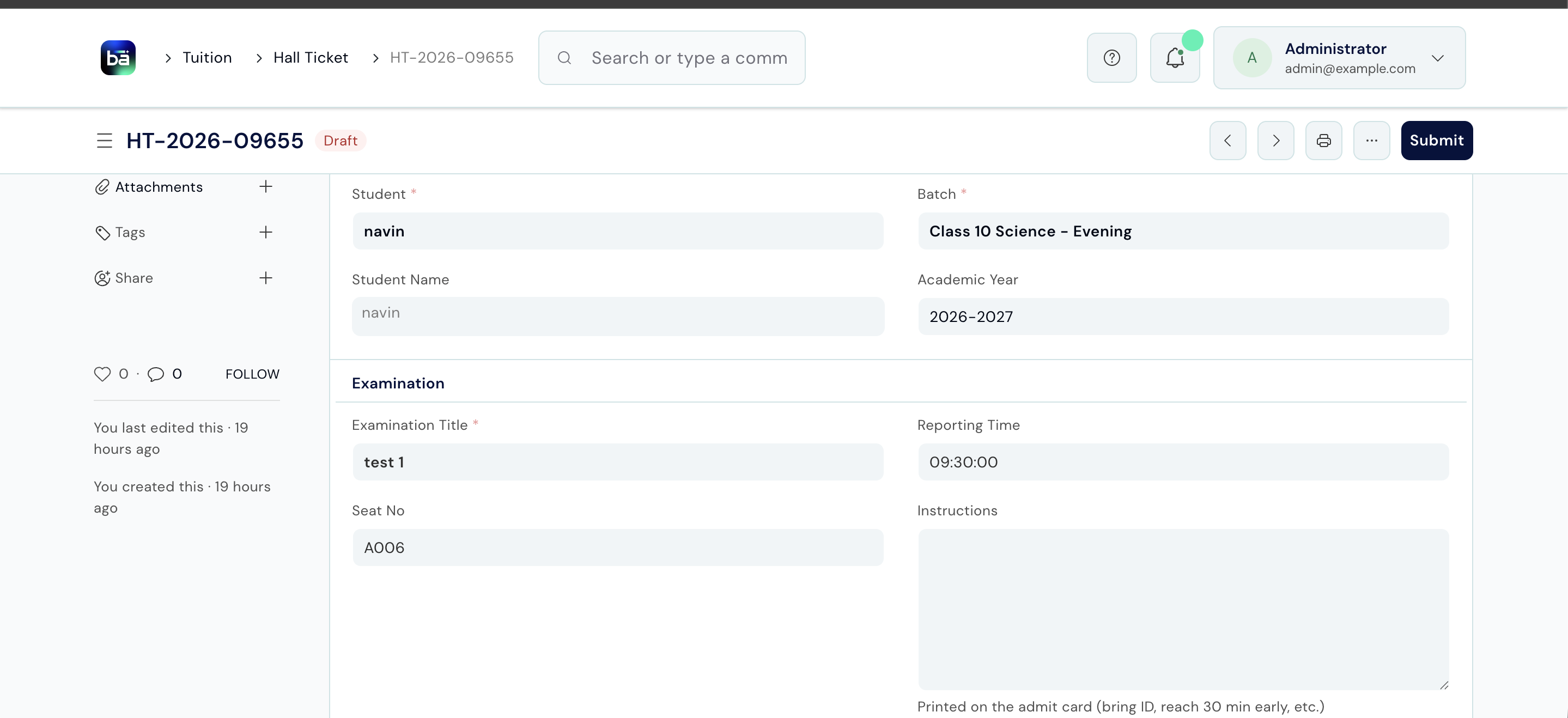 Generated hall ticket showing student, subjects, and exam rooms