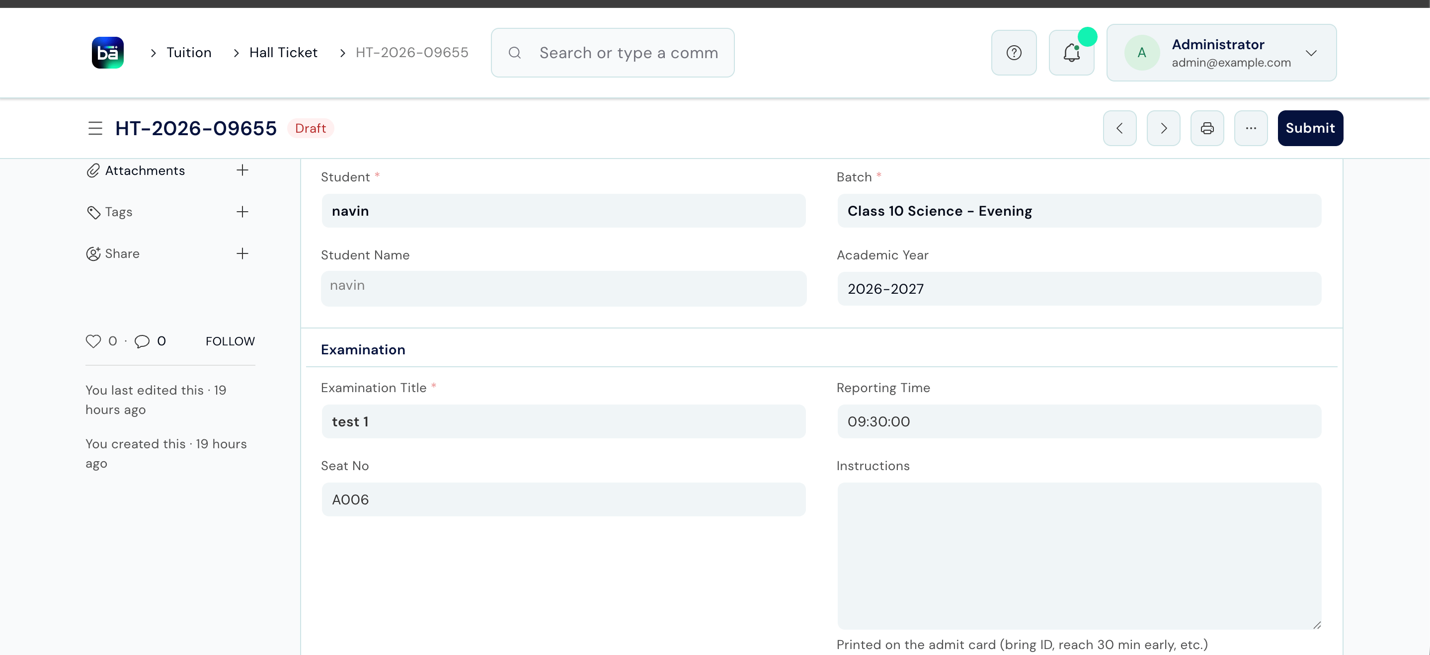 Generated hall ticket showing student, subjects, and exam rooms