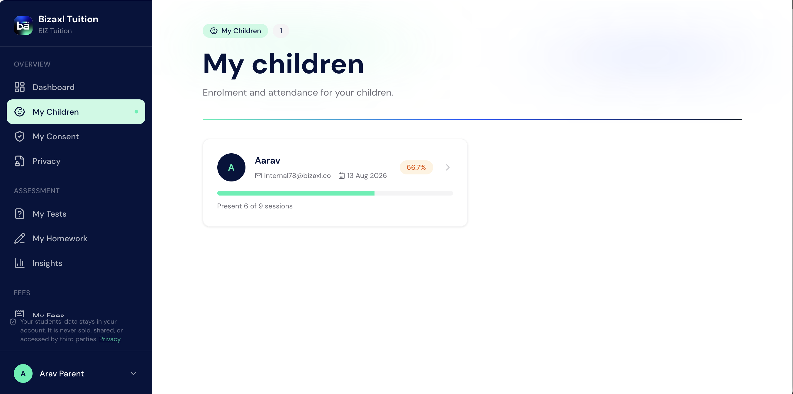 The parent portal My Children page showing a student's profile and attendance summary.